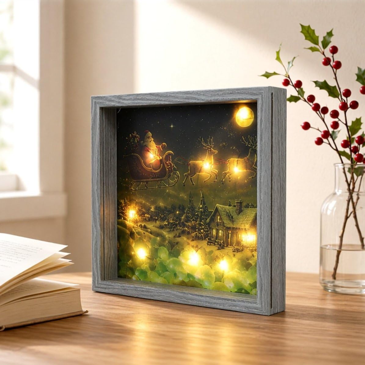 TOPBATHY Leuchtender Weihnachtsmann LED Leuchtschattenbox mit Holzrahmen | Kristallglas Front, Einfaches Austauschen von Bildern, für Wohnzimmer und Innenräume, als Festliche Weihnachtsdeko