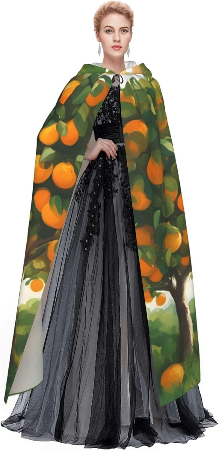 Unisex Full Length Hooded Halloween Christmas Party Robe Cloak Cape Cosplay Costume Men Women Many Orange Trees Prints