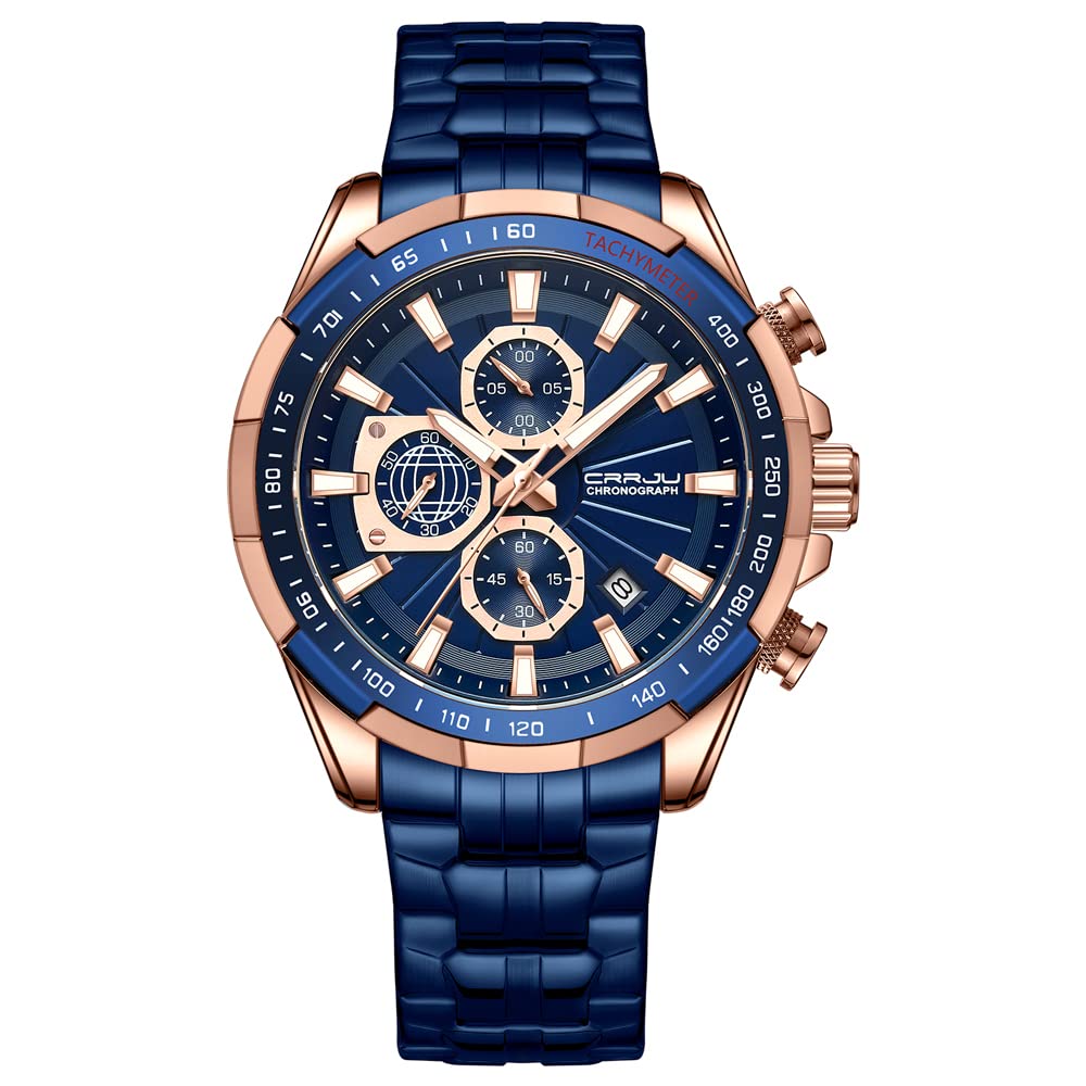 CRRJU Orologi al quarzo analogici casual da uomo alla moda per uomo con cronografo da polso, orologio impermeabile con cinturino in acciaio inossidabile blu, Blu e blu.
