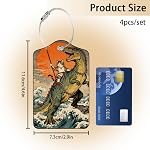 4Pcs PU Leather Luggage Tags Retro Cat Dinosaur Wave Luggage Indentifier Name ID Label Tag 2.8×4.5 Inch with Metal Loop for Suitcase Bag Backpack Baggage Men Women