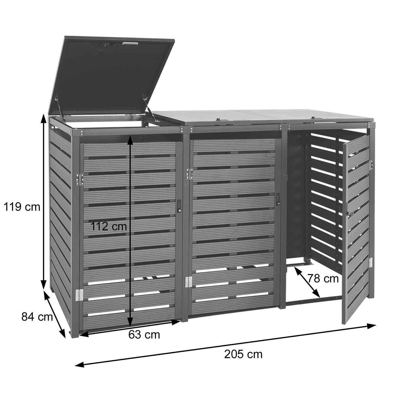3x copribidoni box spazzatura rifiuti HWC-K14 84x205x119cm metallo WPC - teak