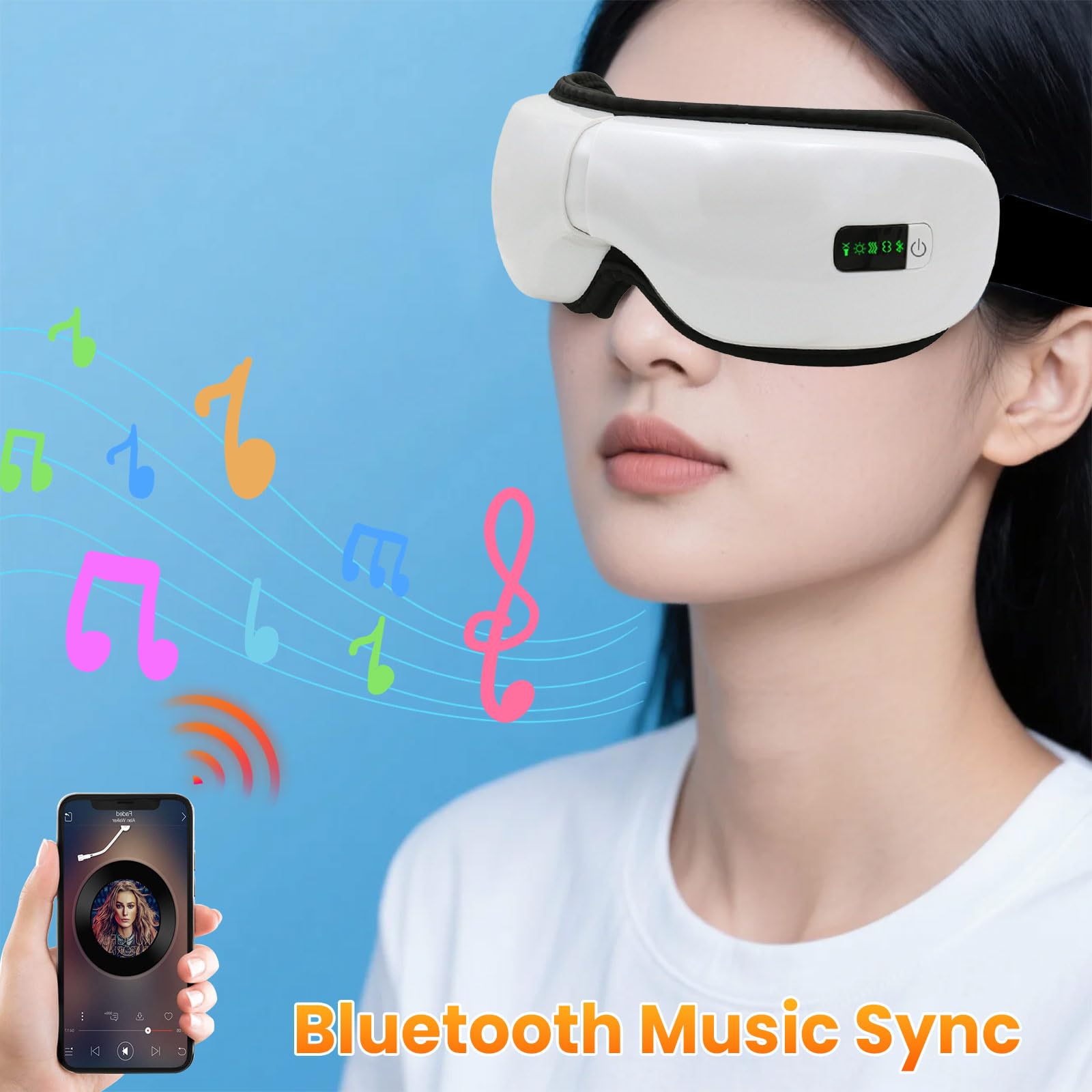 Masajeador ocular con calefacción, máscara de masaje de ojos de 5 modos, música Bluetooth, dispositivo de cuidado ocular plegable 180° para fatiga ocular, ojos secos, ojeras, blanco