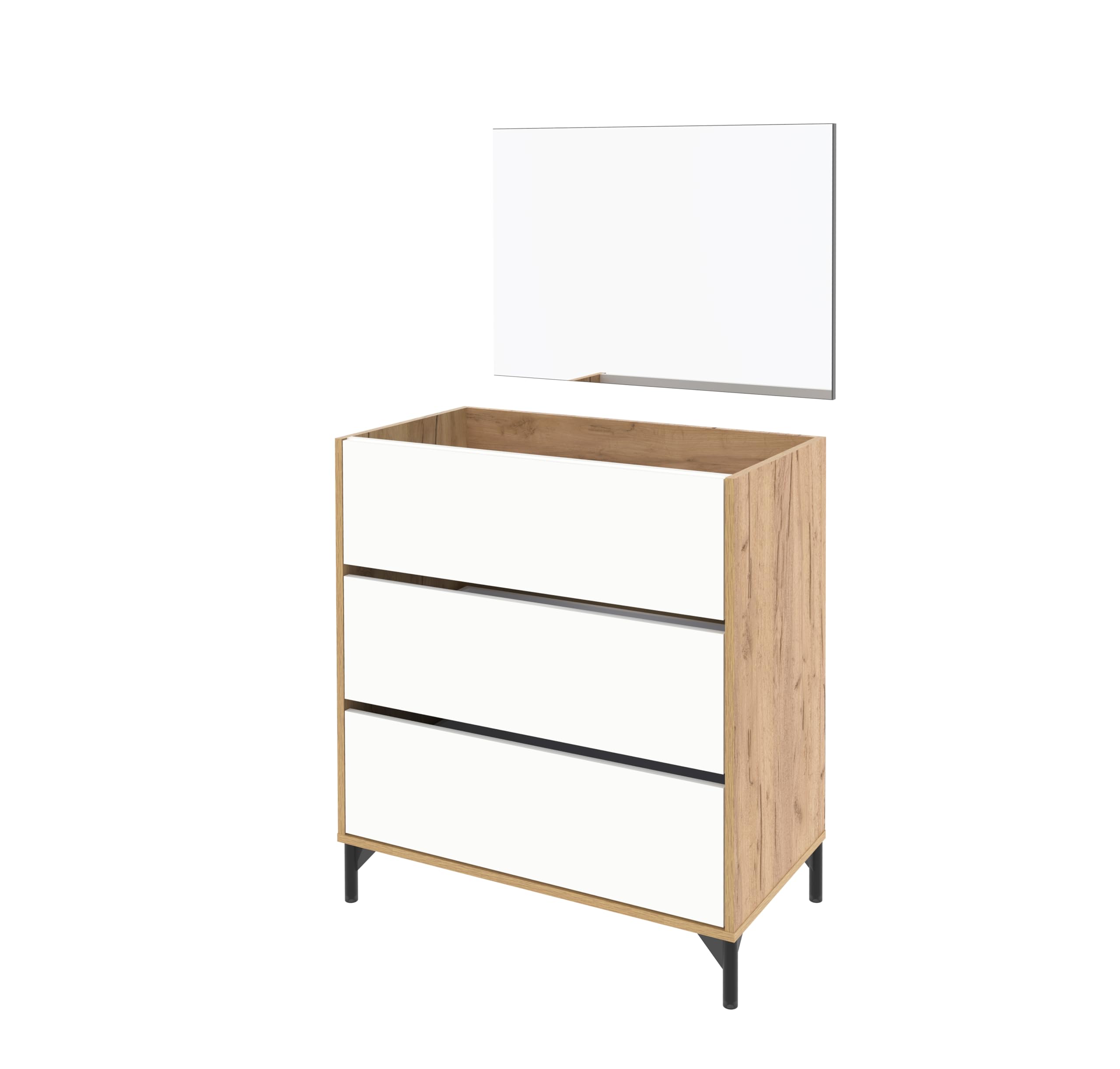 Mueble de Baño con Espejo Incluido, Roble Kraft/Blanco, 3 Cajones, 80cm, Ancho con Patas, para Lavabo encastrado NO Incluido, Estilo Moderno Modelo Elba