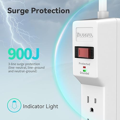 Miniatura 4 de Protector de sobretensiones de 15 pies (900 julios), tira de alimentación de enchufe plano, cable de extensión de 15 pies con múltiples tomas, 7