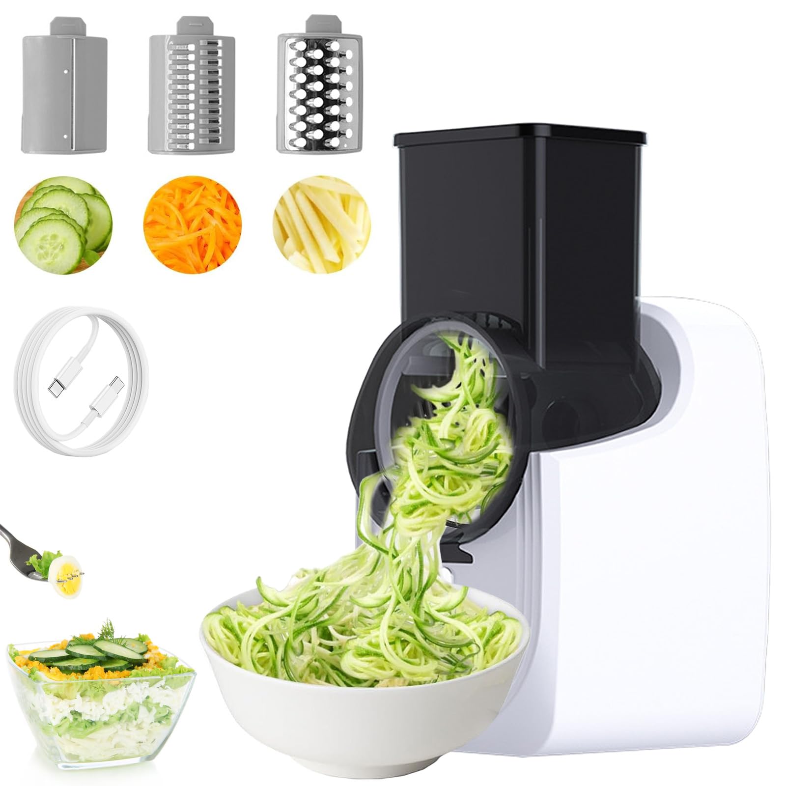 Râpe à fromage électrique rotative, râpe électrique pour cuisine avec 3 jeux de lames, râpe à fromage multi-rotative 3 en 1 pour fruits et légumes (blanc)