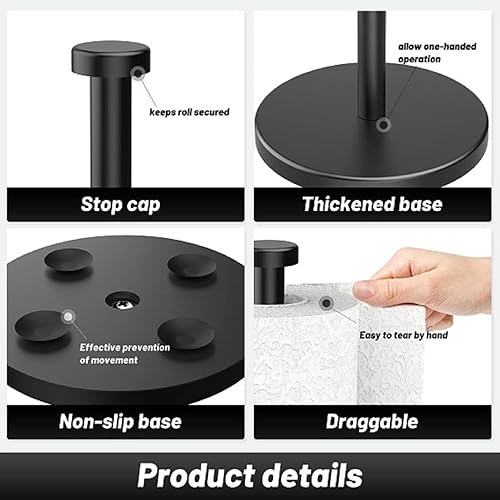 Miniatura 4 de VEHHE Toallero de papel negro para encimera, soporte de toalla de papel de acero inoxidable con ventosas de base ponderada para cocina y baño