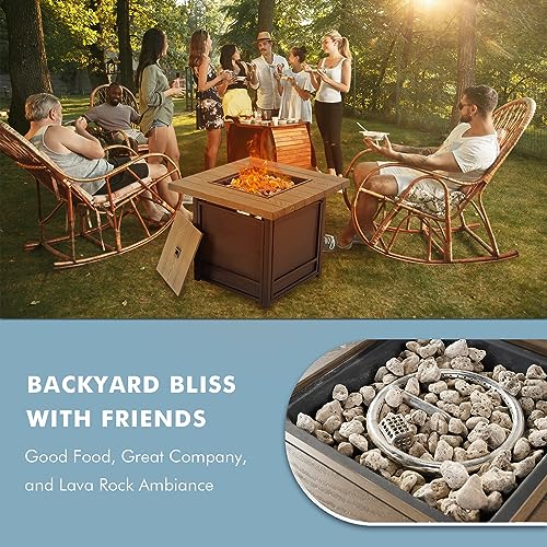 Yangming 30\" Propane Gas Fire Pit Table with Lid and Wood Tabletop for Outdoor, 50,000 BTU Propane Fire Table with Lava Rocks, Heavy Duty 2 in 1 Square Firepit Table for Patio/Backyard/Party