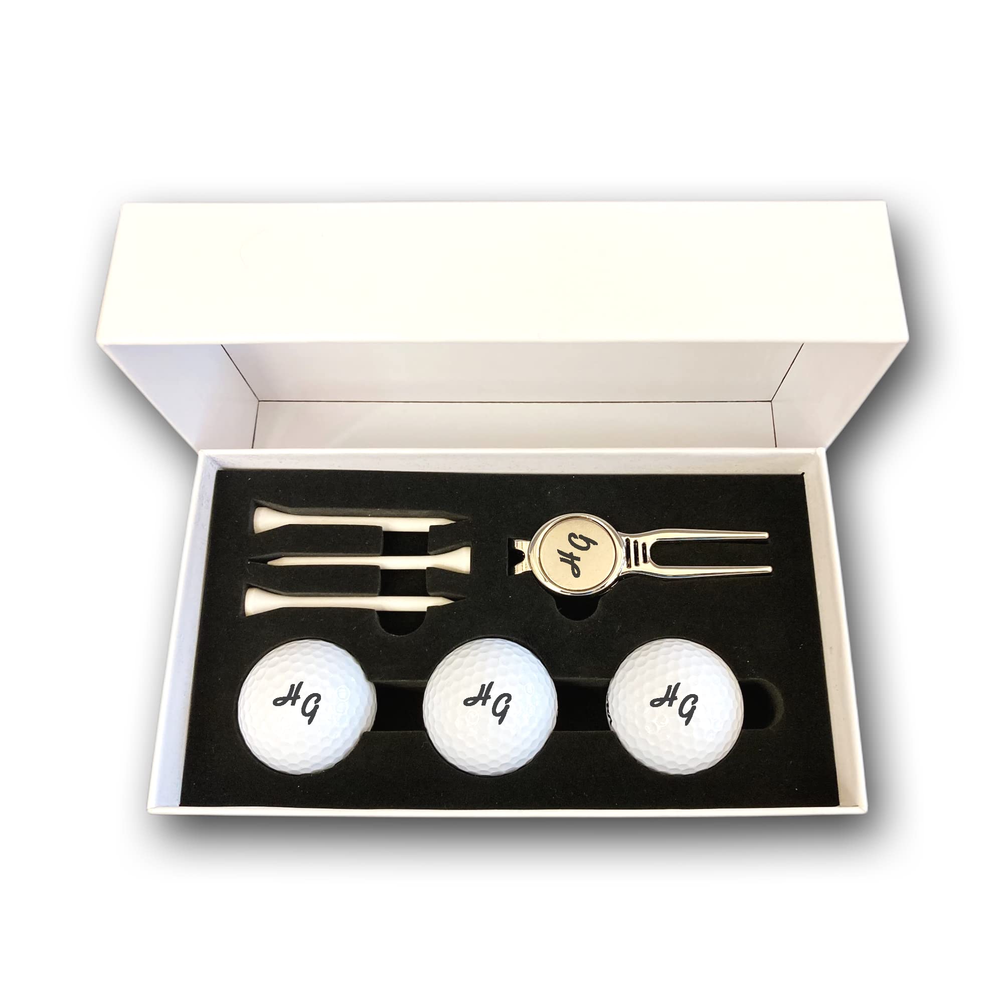 Golfball Set mit Gravur Initialen personalisiert 3 Wilson Golfbälle Pitchgabel und 3 Tees in Geschenkbox weiß Wunschtext Geschenk Golfer/in