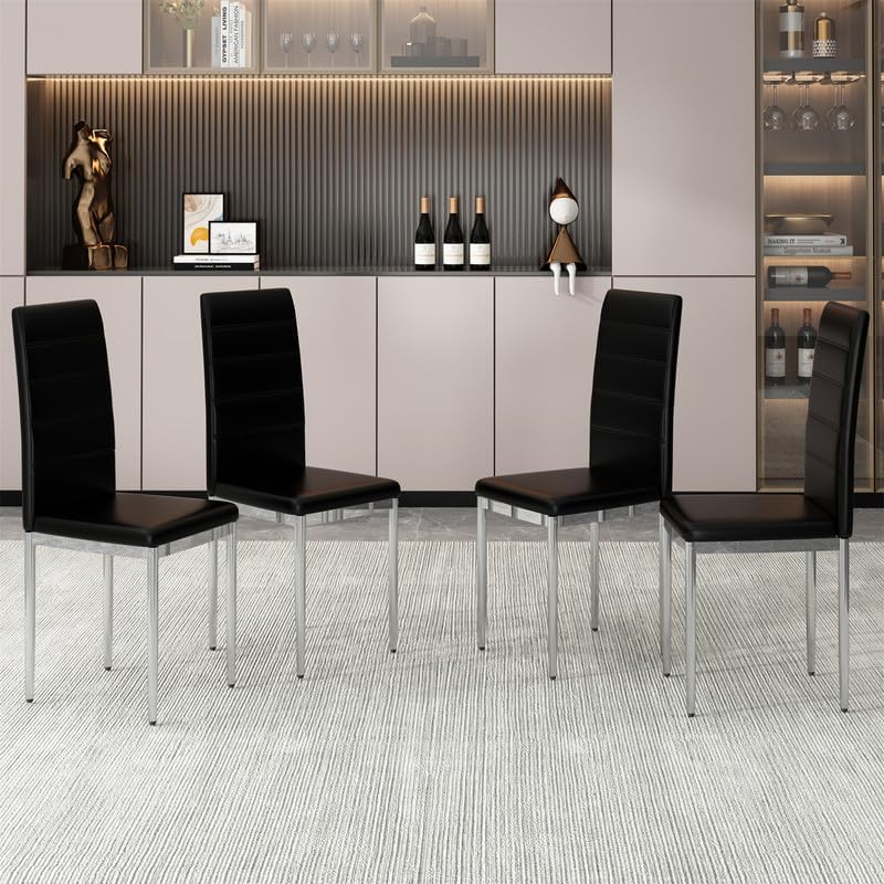 Miniatura 3 de TURRIDU Juego de 6 sillas de comedor tapizadas con respaldo alto y patas de metal plateado, sillas de cocina modernas de cuero sin brazos para sala