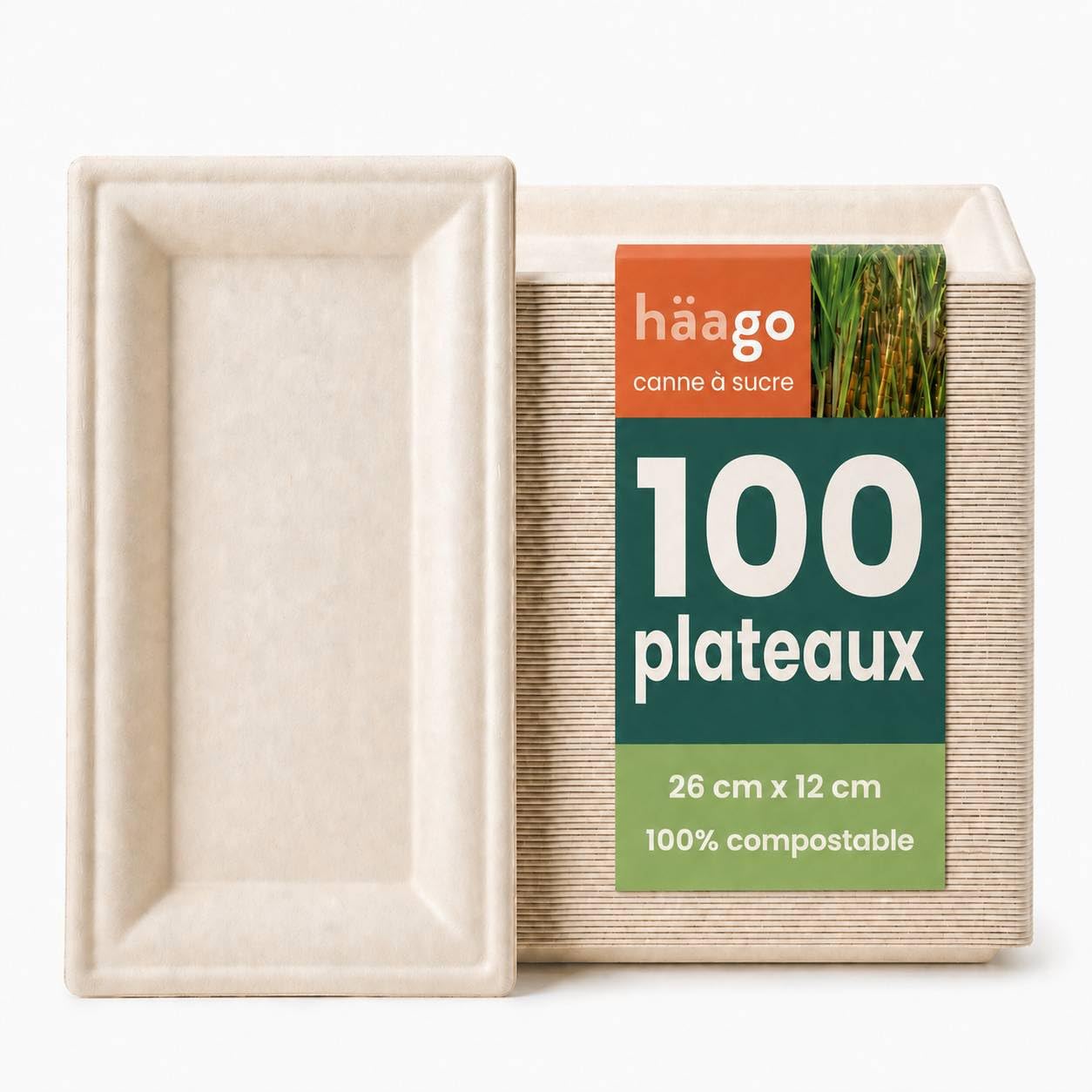 HAAGO 100 Plateaux Jetables en Canne à Sucre (26 x 12 cm) – Assiettes Rectangulaires en Bagasse – Solides & Rigides, Anti-Graisse & Anti-Fuites – Pour Canapés, Brochettes, Buffet, BBQ & Traiteur