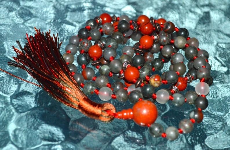 Cuentas Mala de piedra de jaspe verde musgo de piedra de sangre, 108 Mala anudada, collar WWG, joyería de yoga, cuentas de meditación, joyería espiritual, joyería bohemia, 34inch, Gema