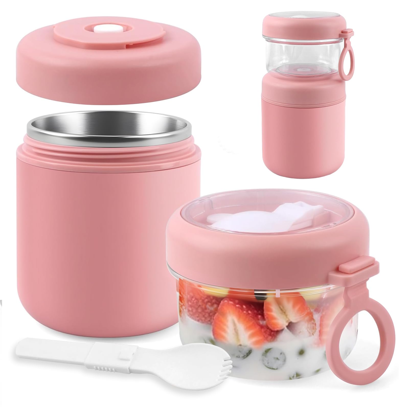 Duży kubek na musli ze stali nierdzewnej, na wynos, z łyżeczką, 530 ml + 330 ml, przenośny, szczelny, nadaje się na śniadanie, do pracy, pikniku (różowy)