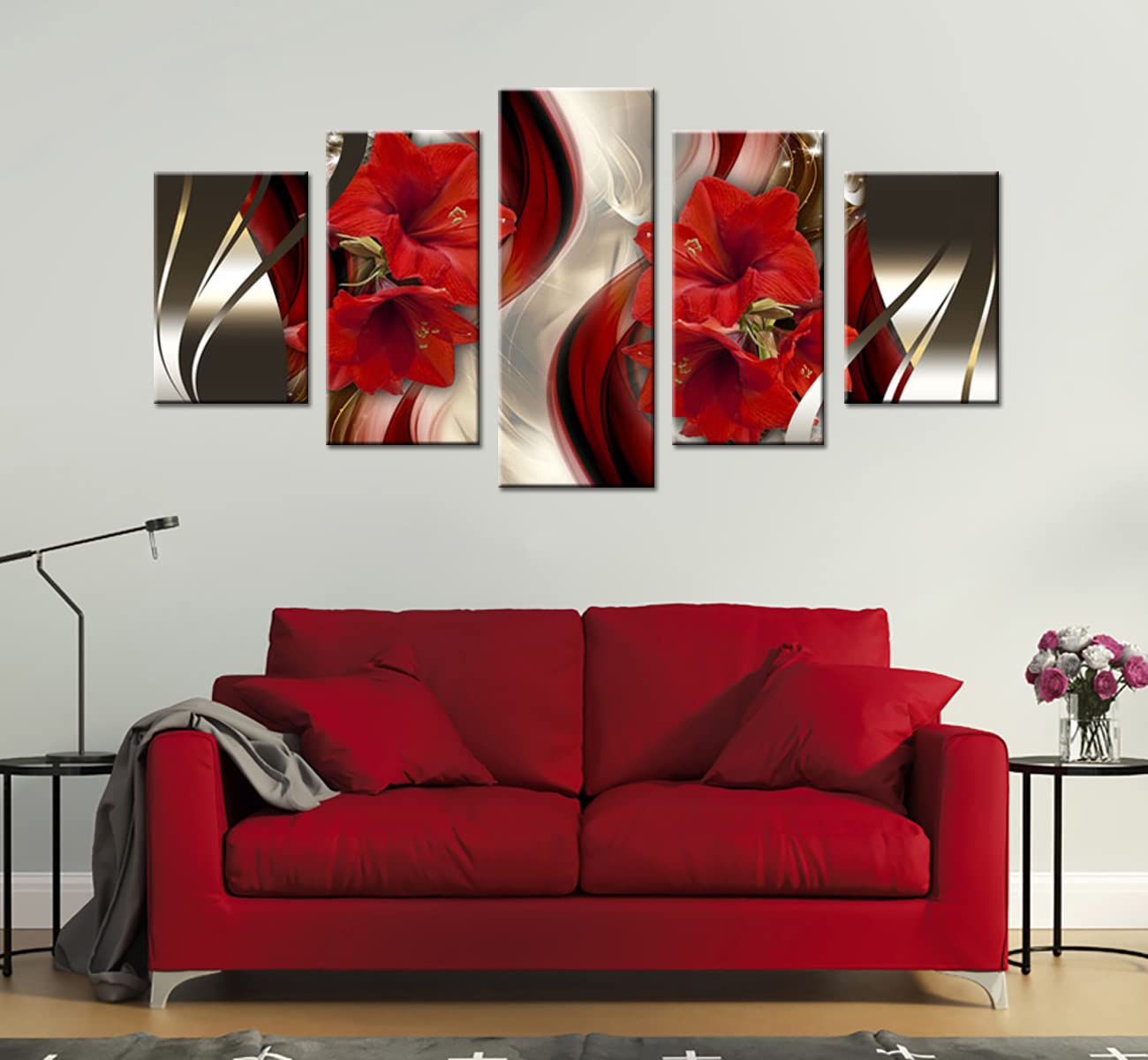 Framed Canvas Wall Art Red Flower Print Painting Modern Contemporary Picture Home Decor Crimson Floral 5 Panels Extra Large HD Giclee Artwork Framed 60x30
