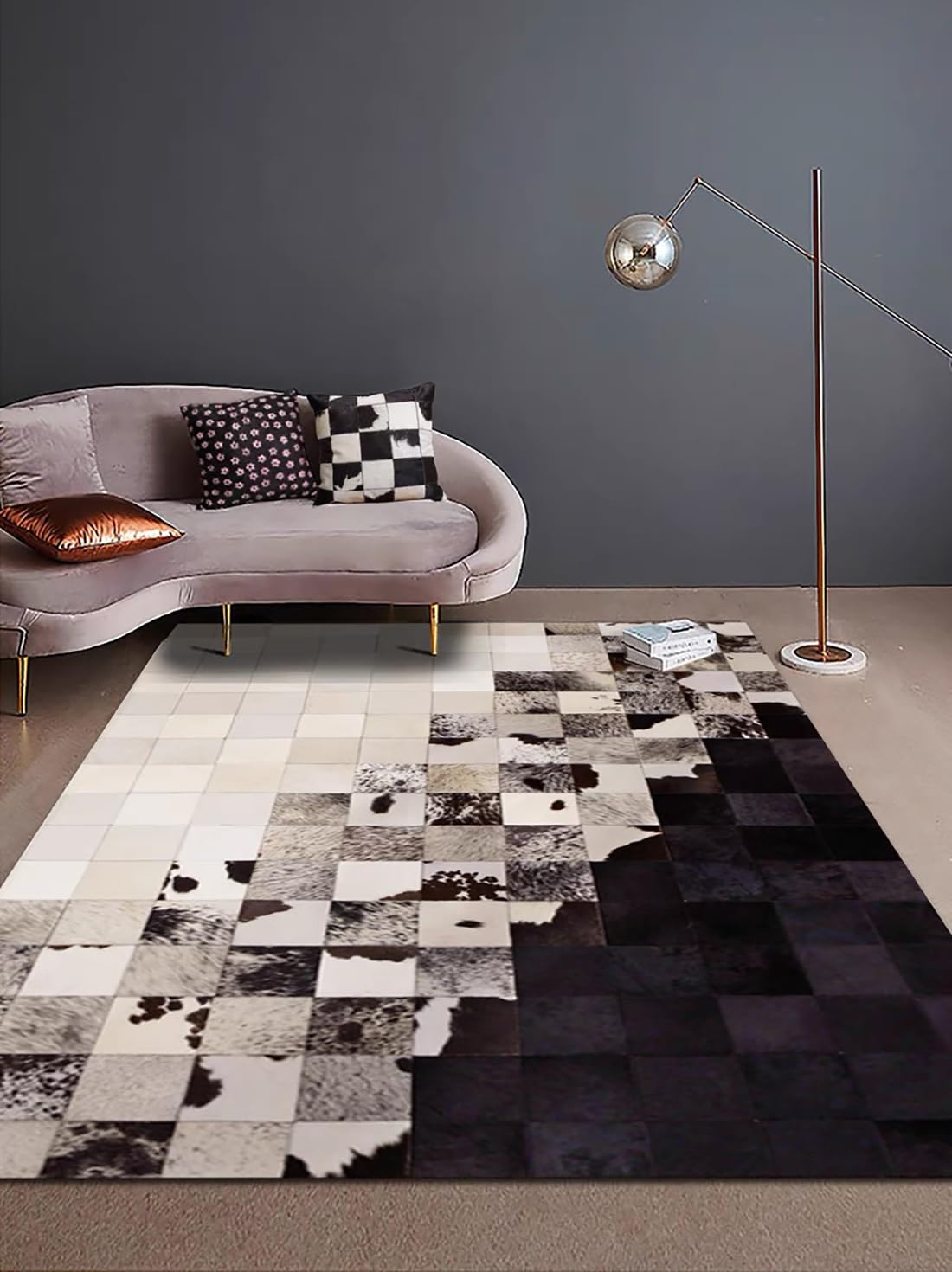 R&RENXIA Tapis Patchwork en Fourrure de Vache Tapis en Peau de Vache véritable Tapis imprimé Vache Premium pour Chambre dortoir Salle à Manger Salon décor Occidental,90×120cm