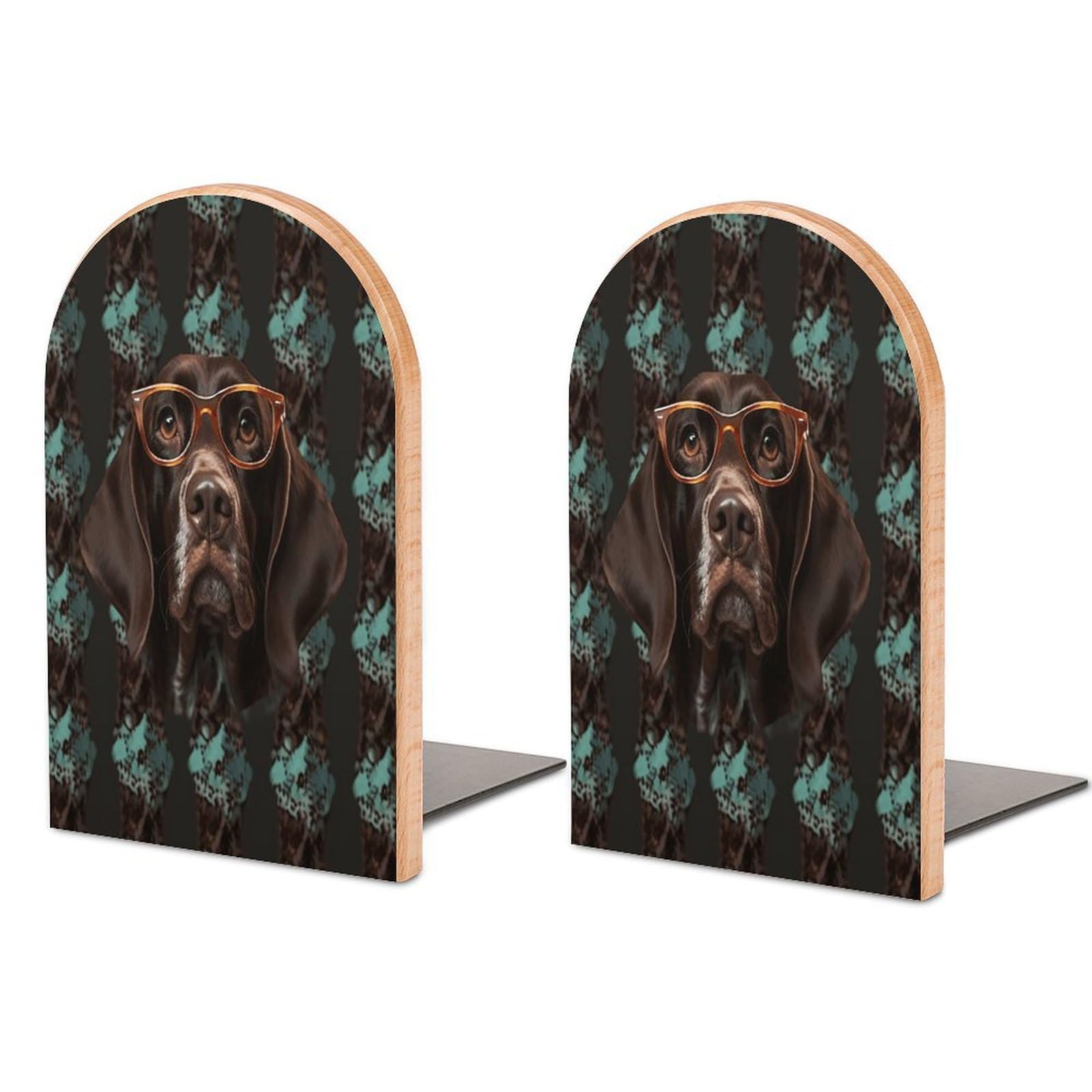 German Shorthaired Pointer in Glasses Bookend Wood Book End for Shelves Heavy Duty Non-Slip Wooden Bookend Support Universal Economy Bookends Fancy Modern Decorative Book Accessories 1 Pairs