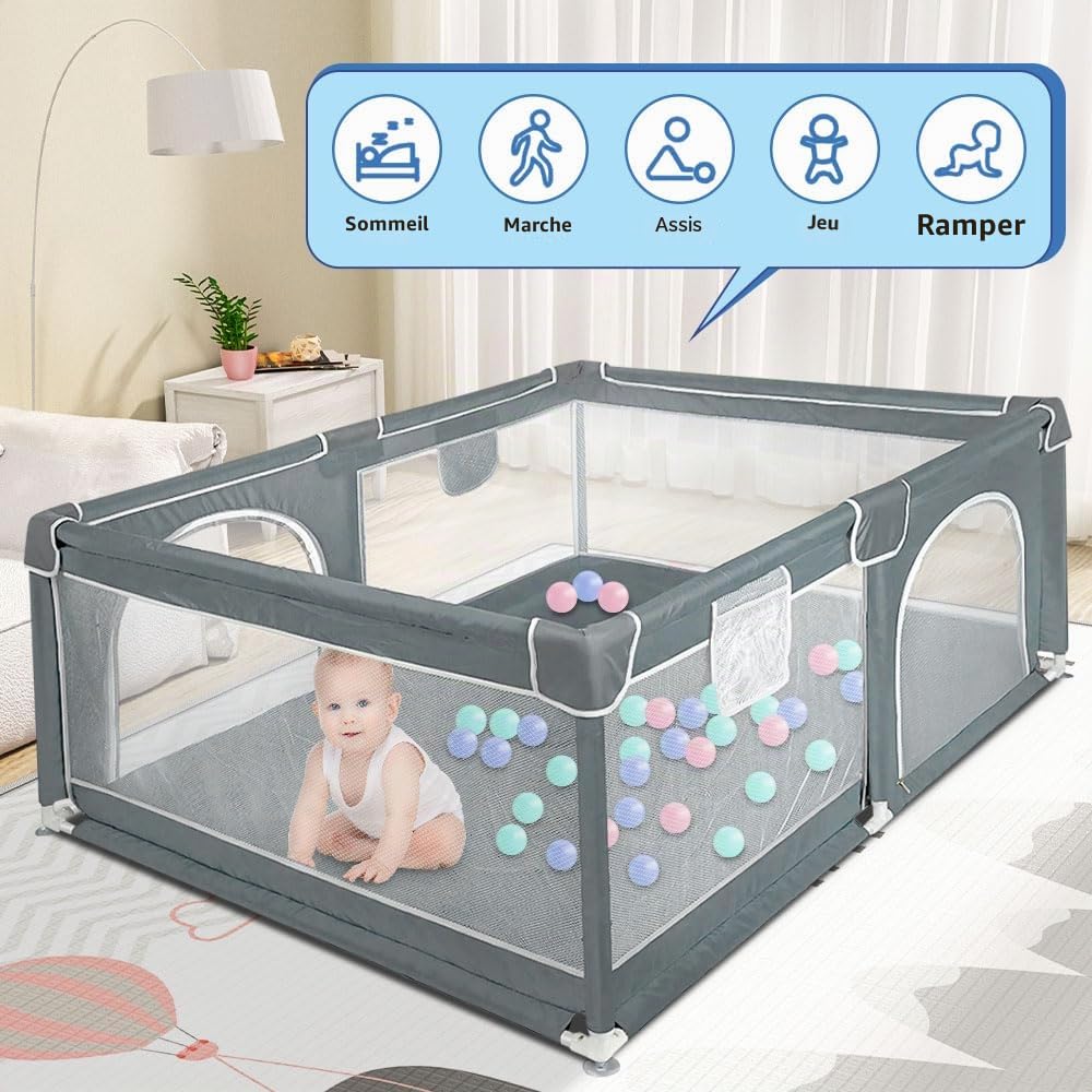 Parc Bébé Modulable,120cm*160cm*66cm Parc Bébé Pliable, Tissu Oxford/Avec sac de rangement/Sûr et confortable, Activités parent-enfant(Gris foncé/Noir) (Gris Foncé)