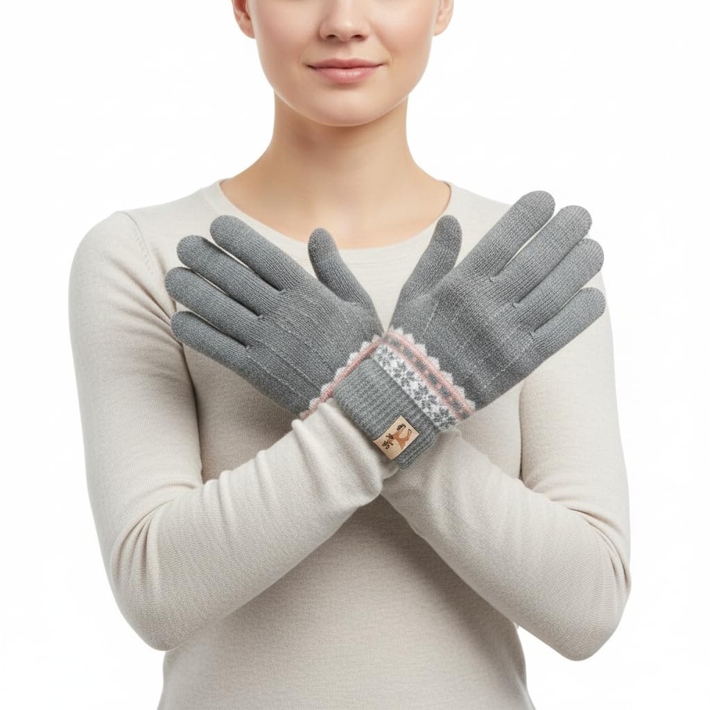 Women's Winter Gloves Black Knit Thermal Warm Touchscreen Gloves with Nordic Pattern Cuff for Cold Weather Outdoor Activities-image-18