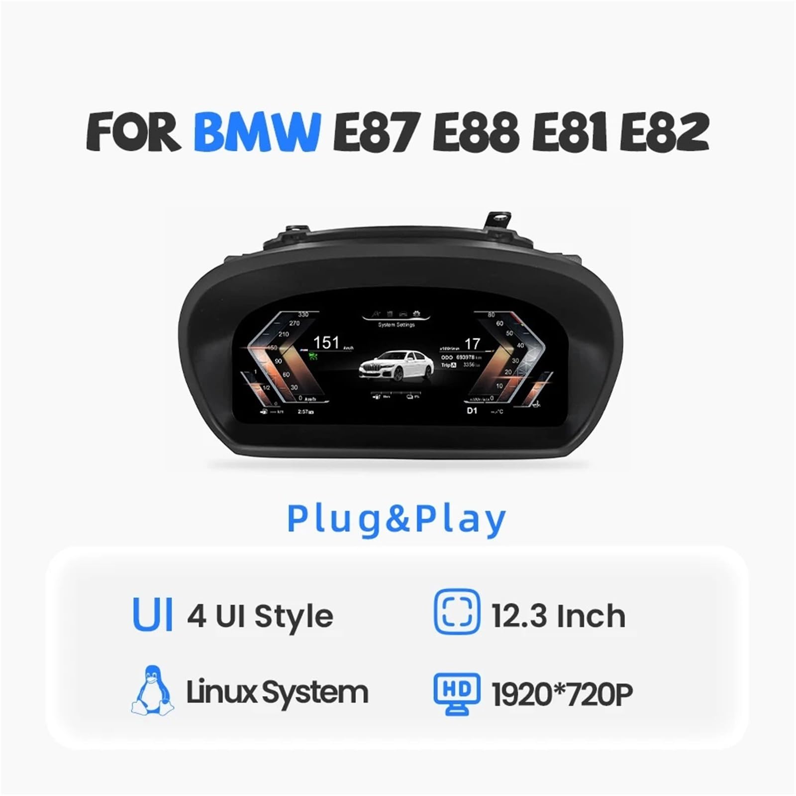 Ladedruckmessgerät, 31,2 cm (12,3 Zoll), digitales Armaturenbrett, passend für BMW 1er-Serie E81 E82 E87 E88 LCD-Instrumentententafel-Display, Cluster Multimedia