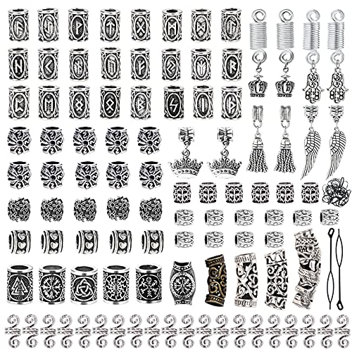 Showgeous 100 Pieces Viking Beard Beads Antique Norse Vikings Runes Hair Tube Beads Silver Dreadlocks Beads for Hair Braiding Bracelet Pendant Necklace DIY Jewelry Hair Decoration