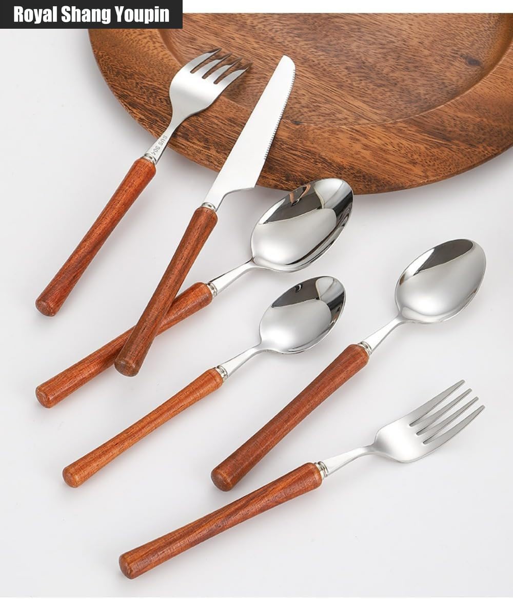 Pearwood Handle Kitchen Stainless Steel Silverware Tableware Flatware Cutlery Knives Forks Spoons Set Steak Knife Dessert Spoon (Rosewood,20 pieces)