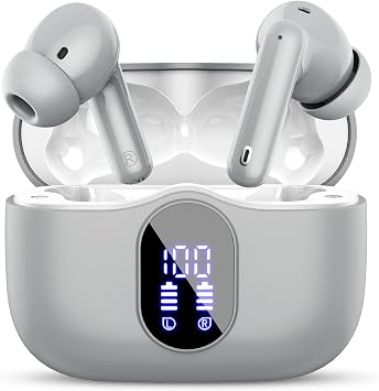 Wireless Earbuds, Bluetooth 5.4 Headphones Bass Stereo, Ear Buds with Noise Cancelling Mic, LED Display in Ear Earphones Clear Calls, IP7 Waterproof Bluetooth Earbuds for Laptop/Phones/Sports, Grey