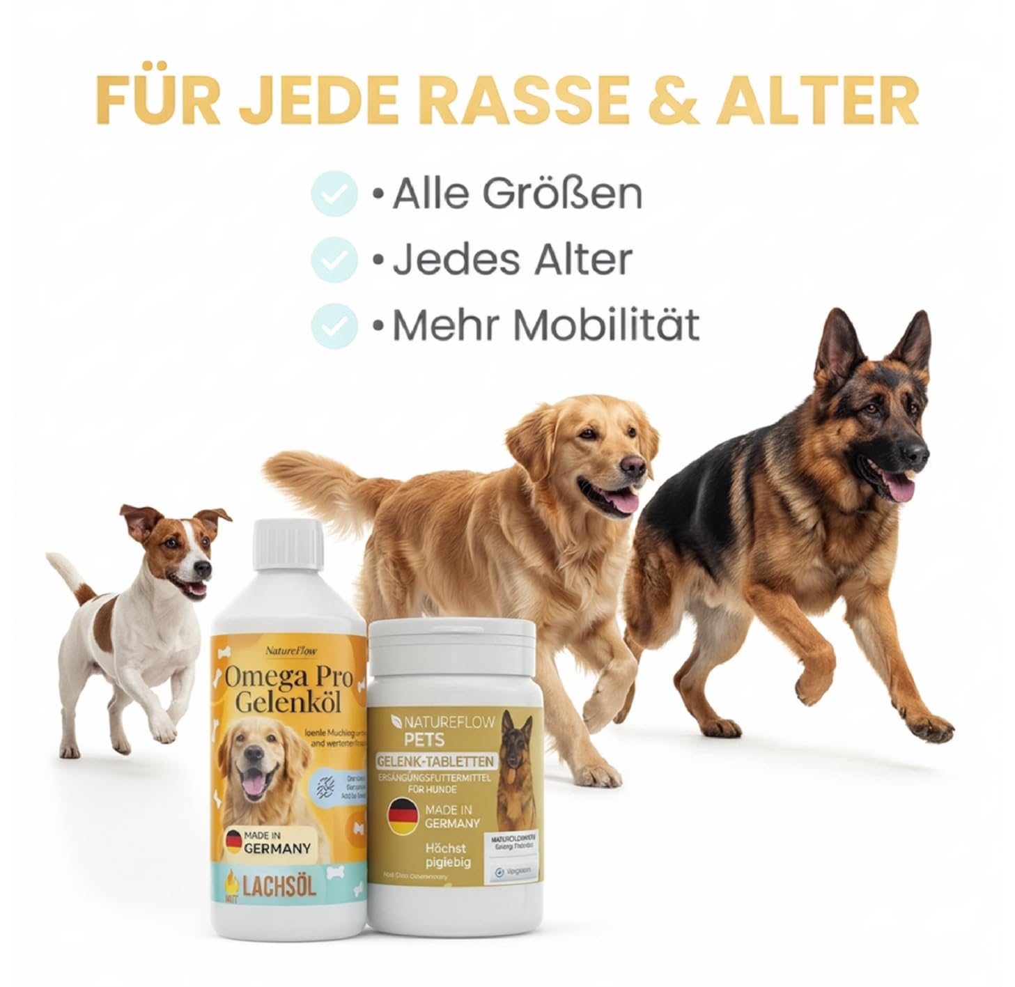 Natureflow Pets Gelenk-Bundle für Hunde – Omega Pro Gelenköl (500 ml) + Gelenk-Tabletten | Unterstützt Gelenke & Beweglichkeit | Mit Lachsöl, Glucosamin & MSM | Made in Germany