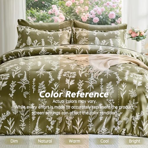 Image of MUXHOMO Olive Green Full Comforter Set, Elegant Floral Print Bed in a Bag 7 Pieces, Ultra Soft & Breathable Reversible Botanical Pattern Bedding Set with Comforter, Sheets, Pillowcases, and Shams