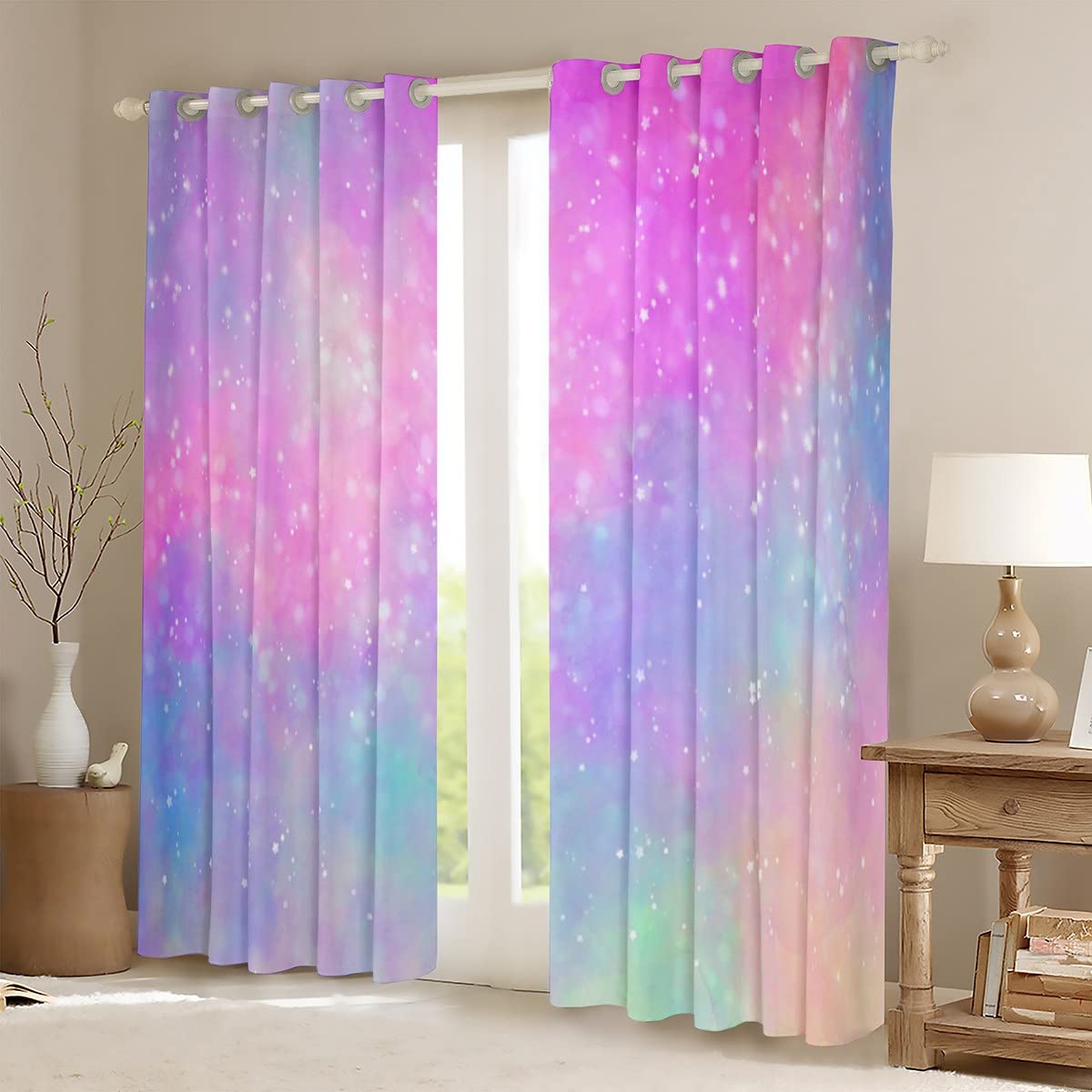 Feelyou Girls Galaxy Darkening Dreapes Kids Pink Purple Glitter Curtains for Bedroom Girly Dreamy Comter 30%-50% Blackout Curtains Rainbow Outer Space Sky Window Treatments (2 Panels, 38 x 54 Inch)