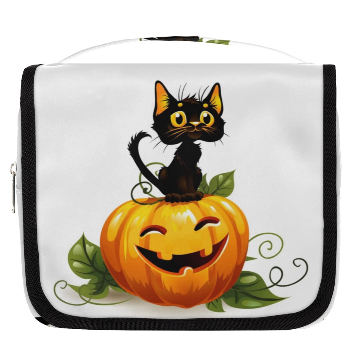 Bolsa de aseo de viaje con diseño de calabaza y gato negro, bolsa de lavado unisex para colgar artículos de tocador cosméticos, multicolor, Talla única