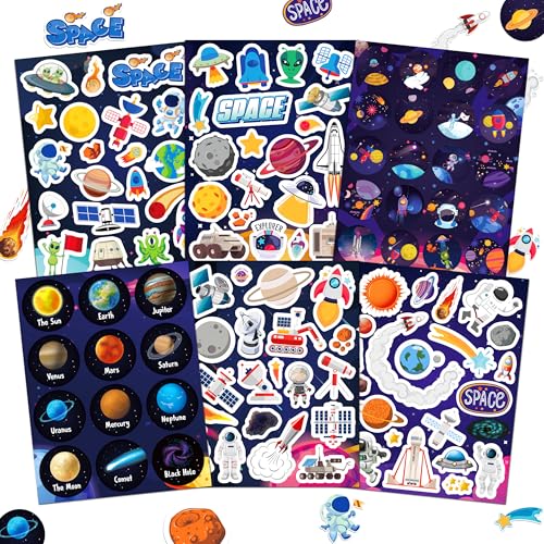 LINAYE 48 Sheets Space Stickers for Kids 960 PCS Solar System Planets Outer Stickers for Classroom School Waterproof Self Adhesive Crafts for Kids Galaxy Outer Space Party Favors Reward for Students
