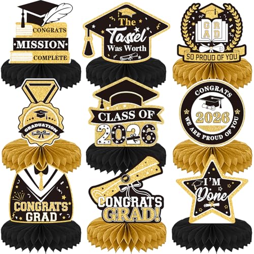 Image of 9Pcs Graduation Centerpieces for Tables 2026 - Graduation Table Decorations Black and Gold Honeycomb Centerpiece Class of 2026 Congratulate Table Toppers Congrats Grad Party Supplies