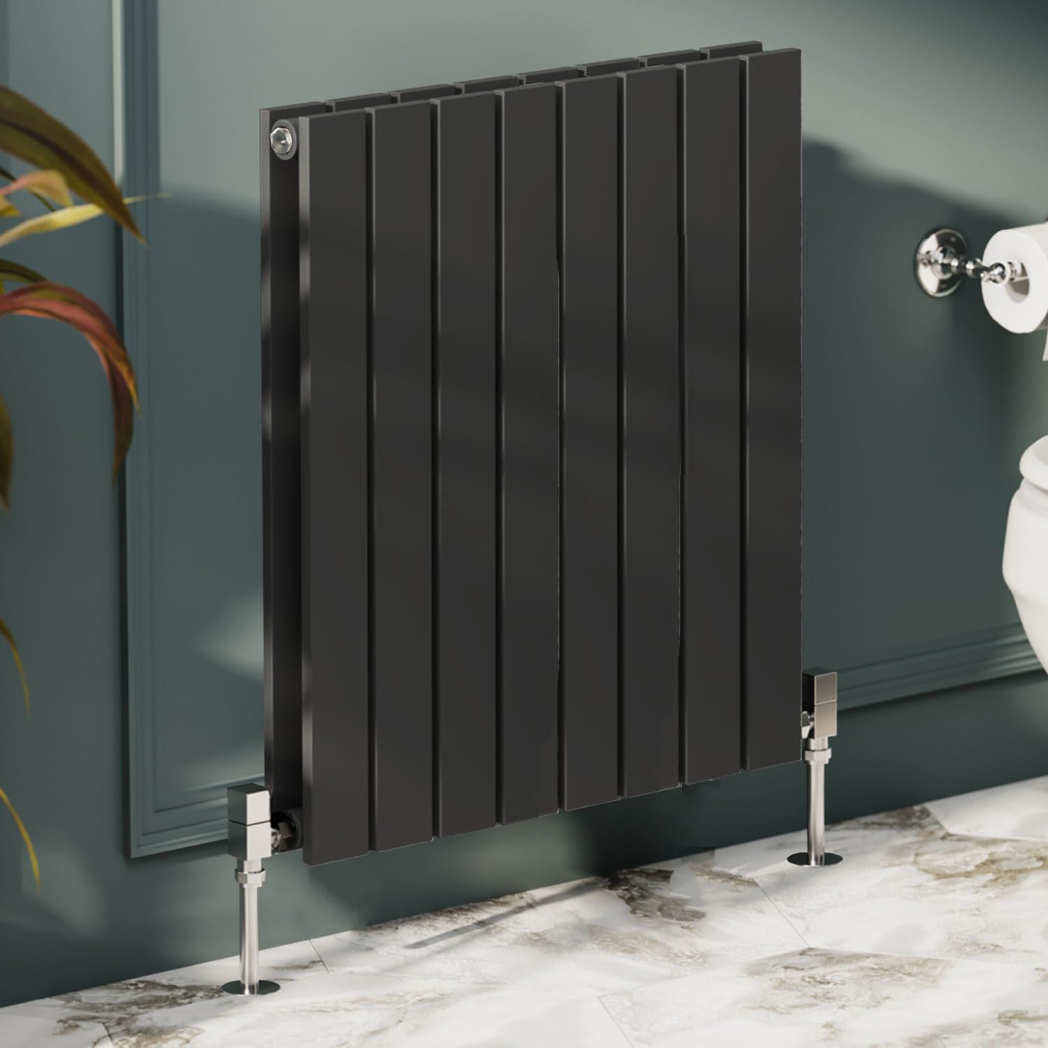 Go Bathrooms Pinta Compact Horizontal Double Panel Radiator 600 x 544mm Matt Black Flat Panel Horizontal Wall Mounted Slim Designer Radiator