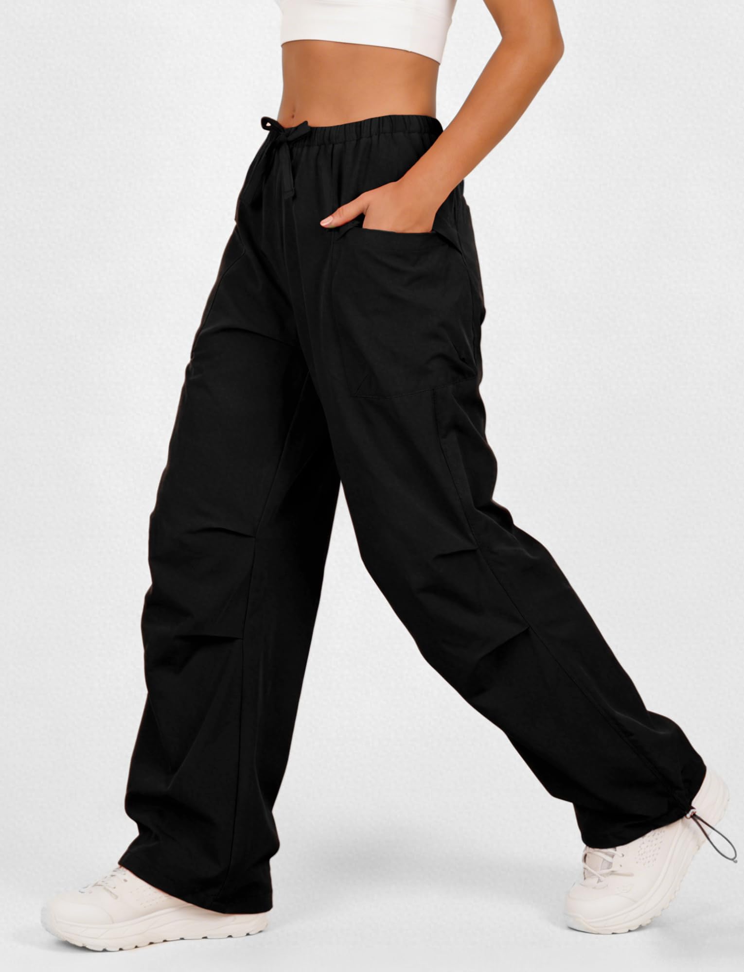 FEOYA Damen Baggy Parachute Pants High Waist Y2k Cargohose mit Weites Bein Wasserdicht Wanderhose Schnelltrocknend Outdoor Trekkinghose