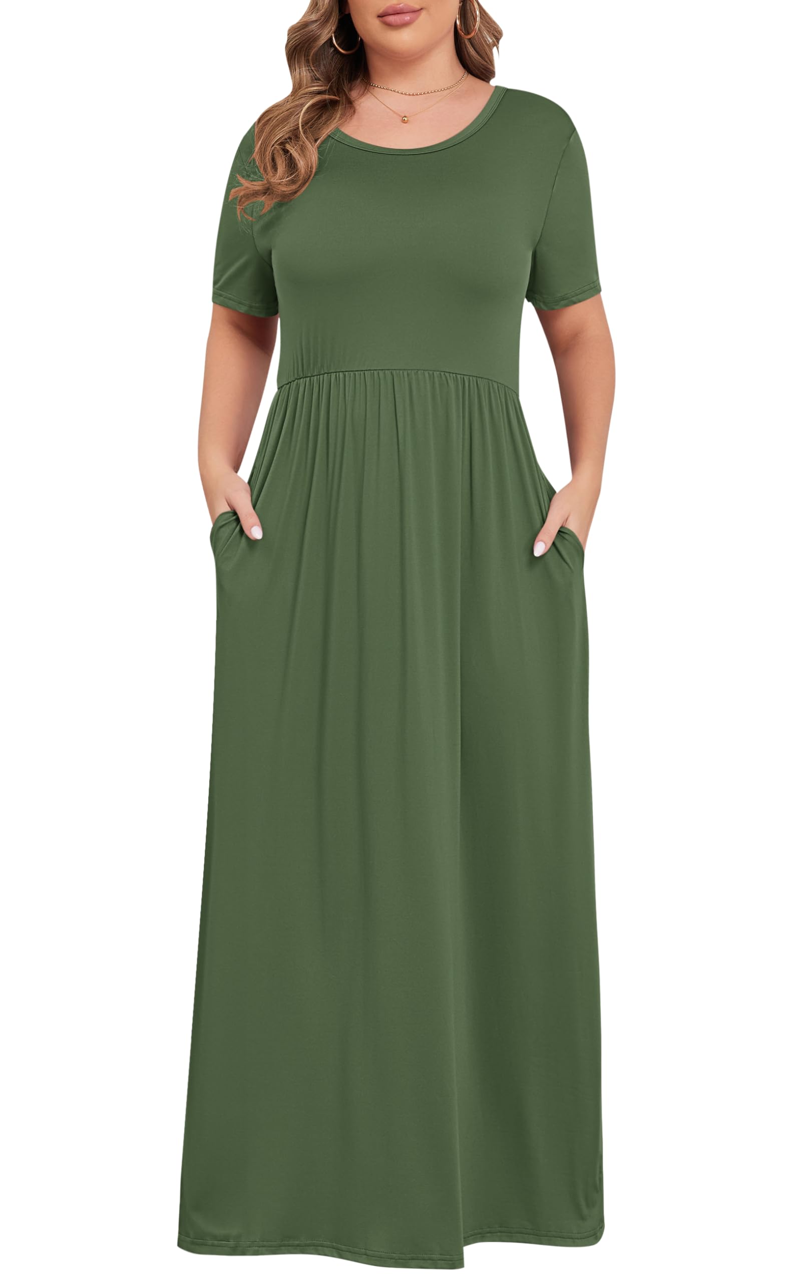 KARALIN Women Plus Size Maxi Dress Short Sleeve Round Neck Loose Fit A-Line