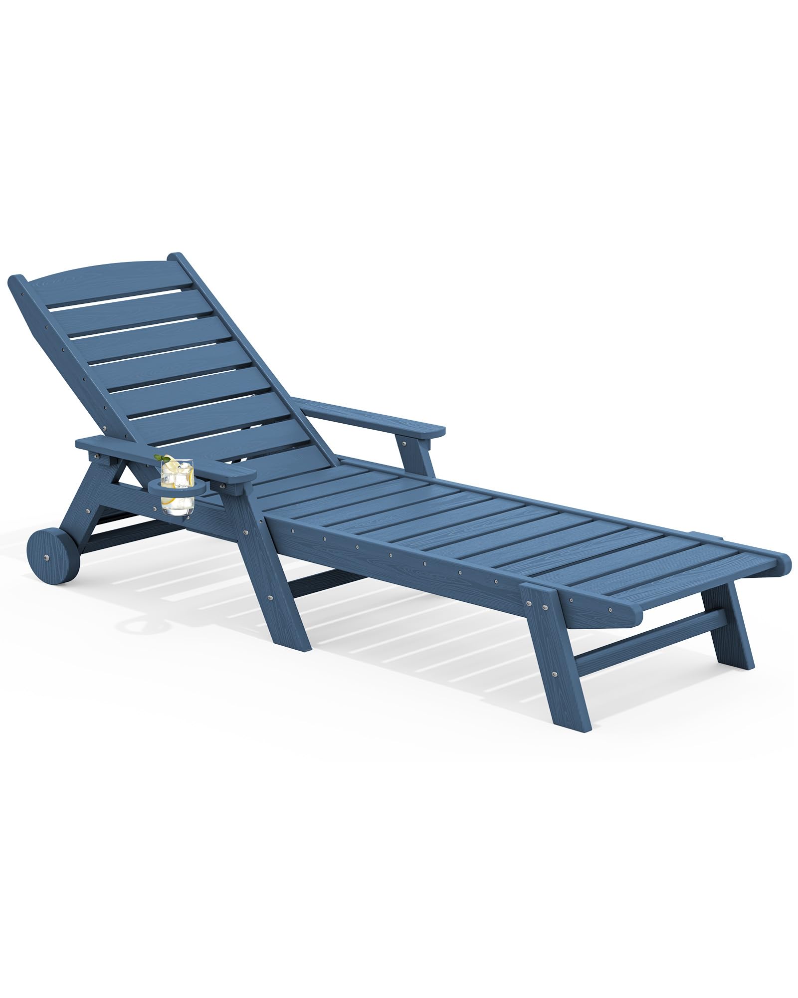 SERWALL Patio Chaise Lounge Chair, 78'' Long HDPE 5 Positions Adjustable Outdoor Lounger, Poly Lounge Chair with Rolling Wheels & Cup Holder for Pool, Navy Blue