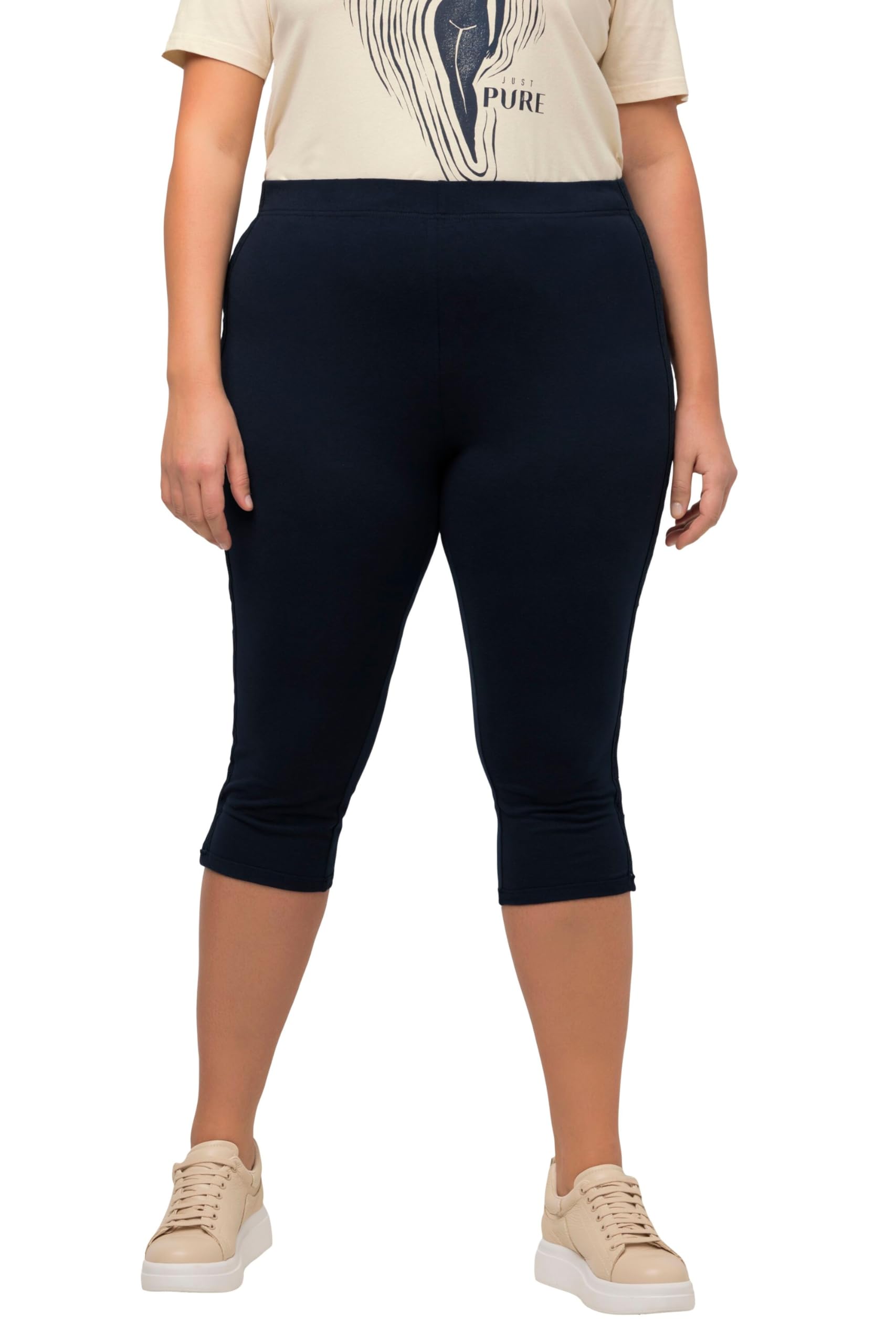 Ulla Popken Damen große Größen Übergrößen Plus Size Capri-Leggings, seitliches Spitzenband, Biobaumwolle Marine 54+ 747170130-54+