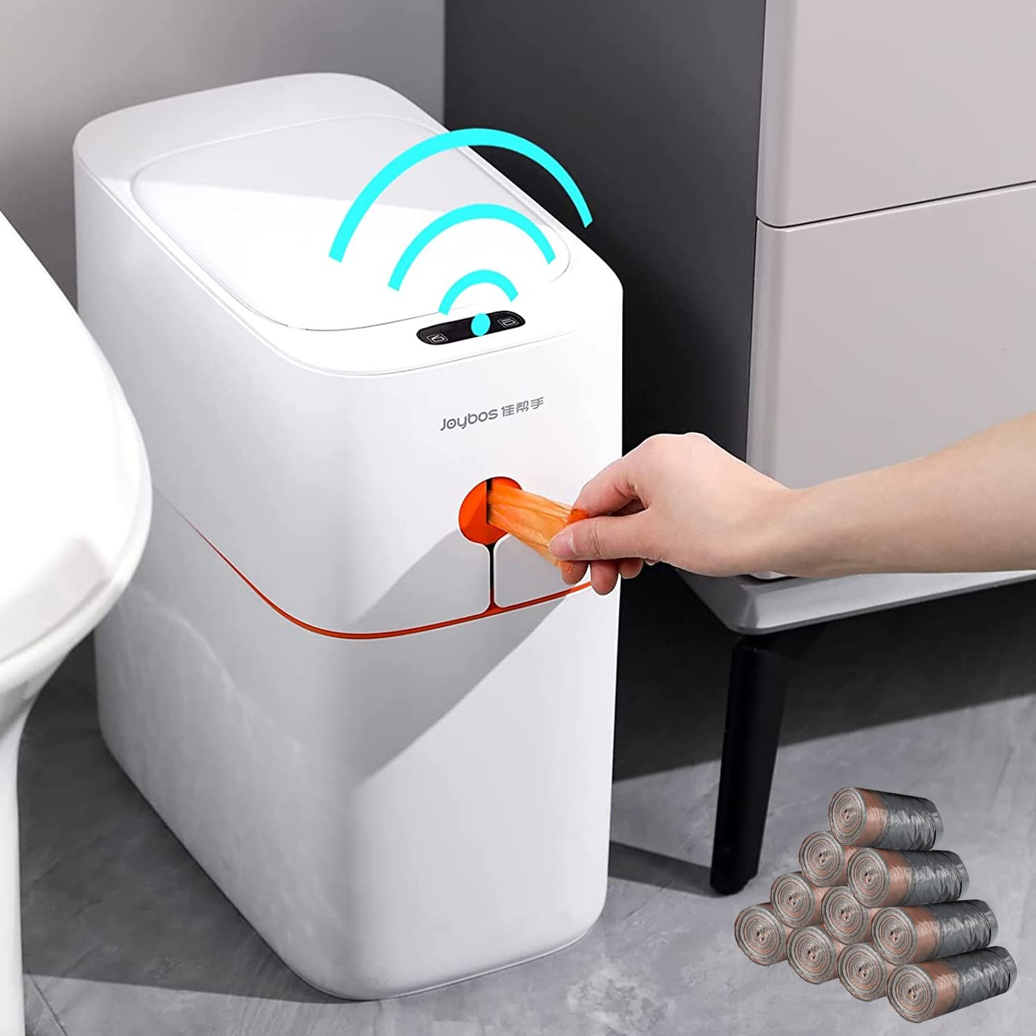 JOYBOS 4 Gallon Motion Sensor Bathroom Trash Can | Touchless Garbage Can with Lid | Kitchen Draw Rope Garbage Bin | Electric Smart Waste Bin for Living Room,Bedroom,Office,Toilet,RV