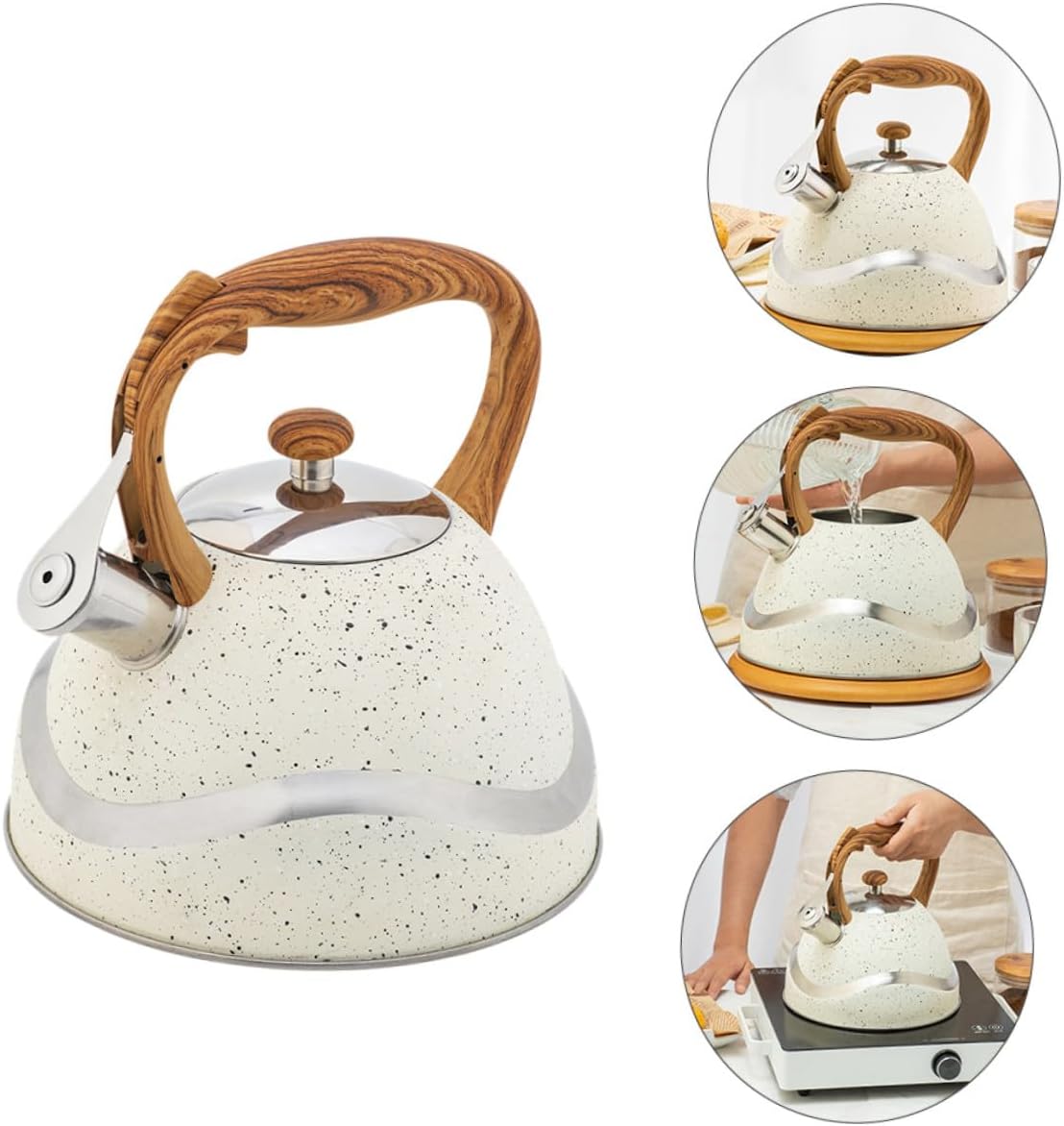 Garneck ステンレス製ホイッスルやかん 木製ハンドル付き 大容量湯沸かしポット 時短設計 で健康的な家用ケトル