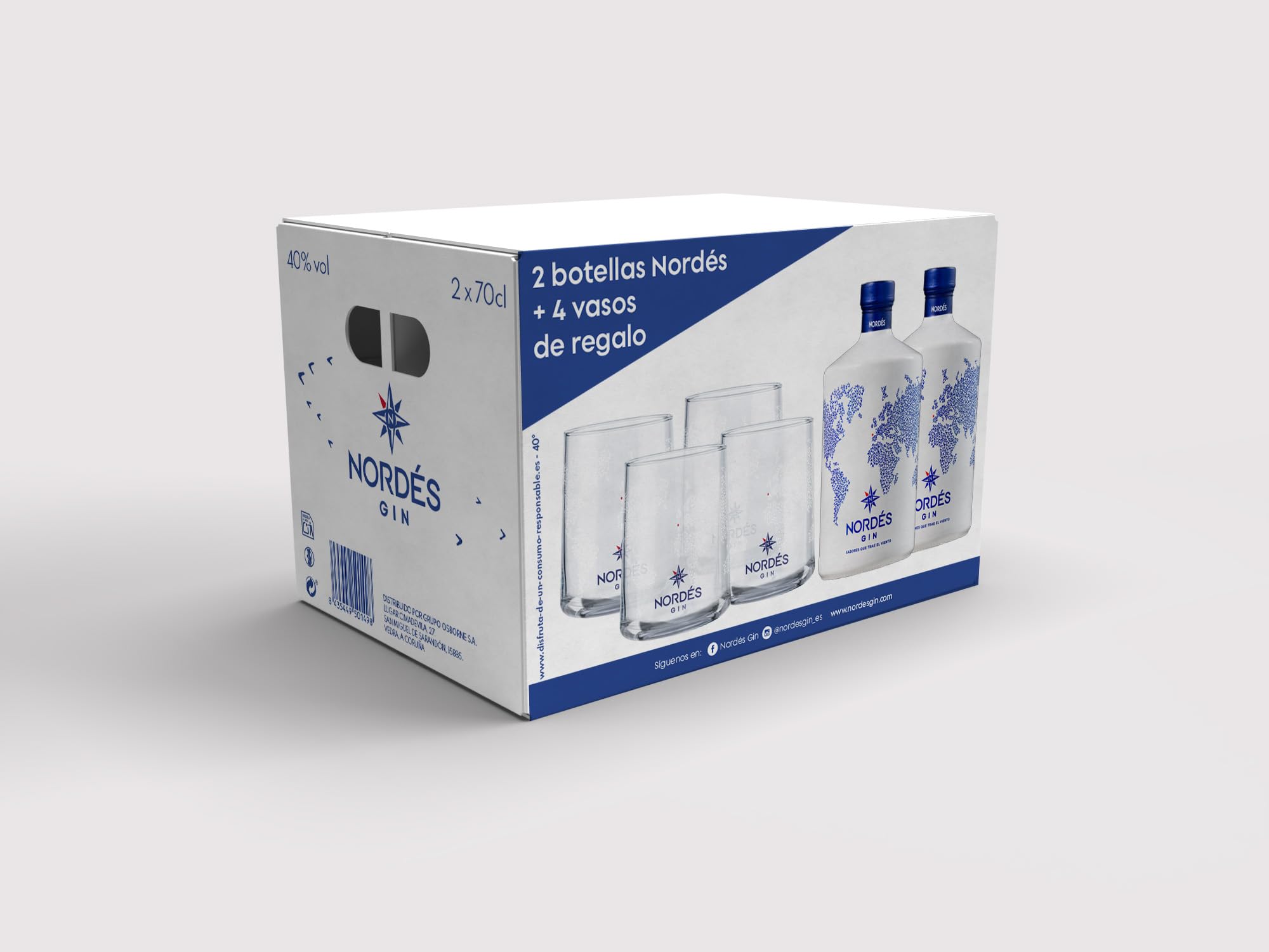 Ginebra Premium Nordés con 4 Vasos de Regalo - Pack de 2 Botellas de 70 cl