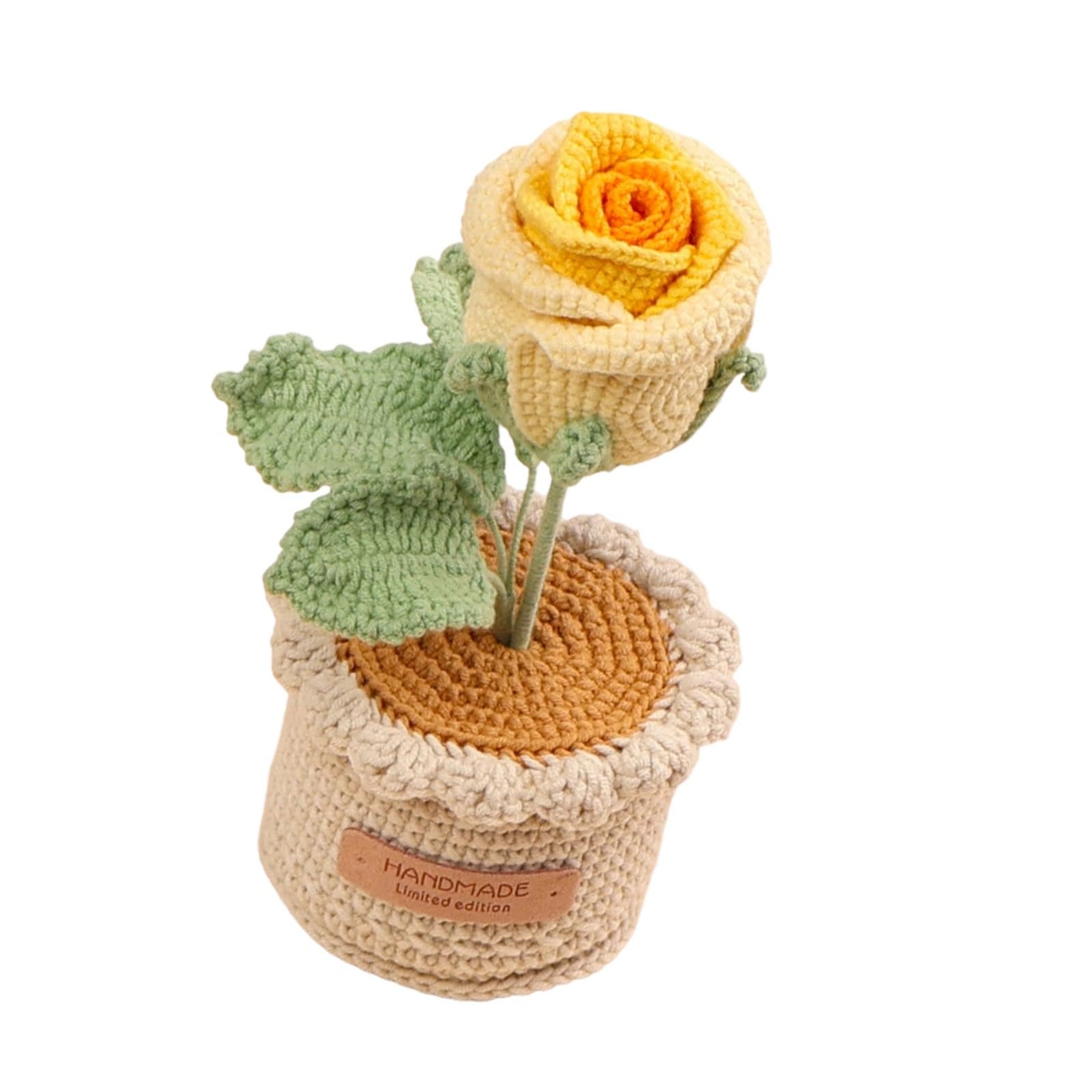 Hredyqw Handmade Knitted Rose In Pots Crochet Potted Plant Ornament Home Decors For Valentines Birthday Wedding