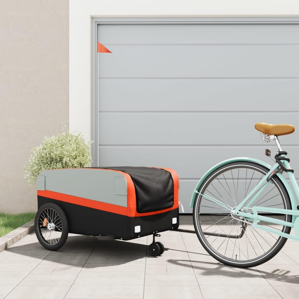 Przyczepa rowerowa czarna i pomarańczowa z żelaza o nośności 45 kg, 126 x 63 x 51 cm, sprzęgło dyszowe, flaga bezpieczeństwa, składana, idealna do ładunków, zakupów, psów i dzieci na co dzień