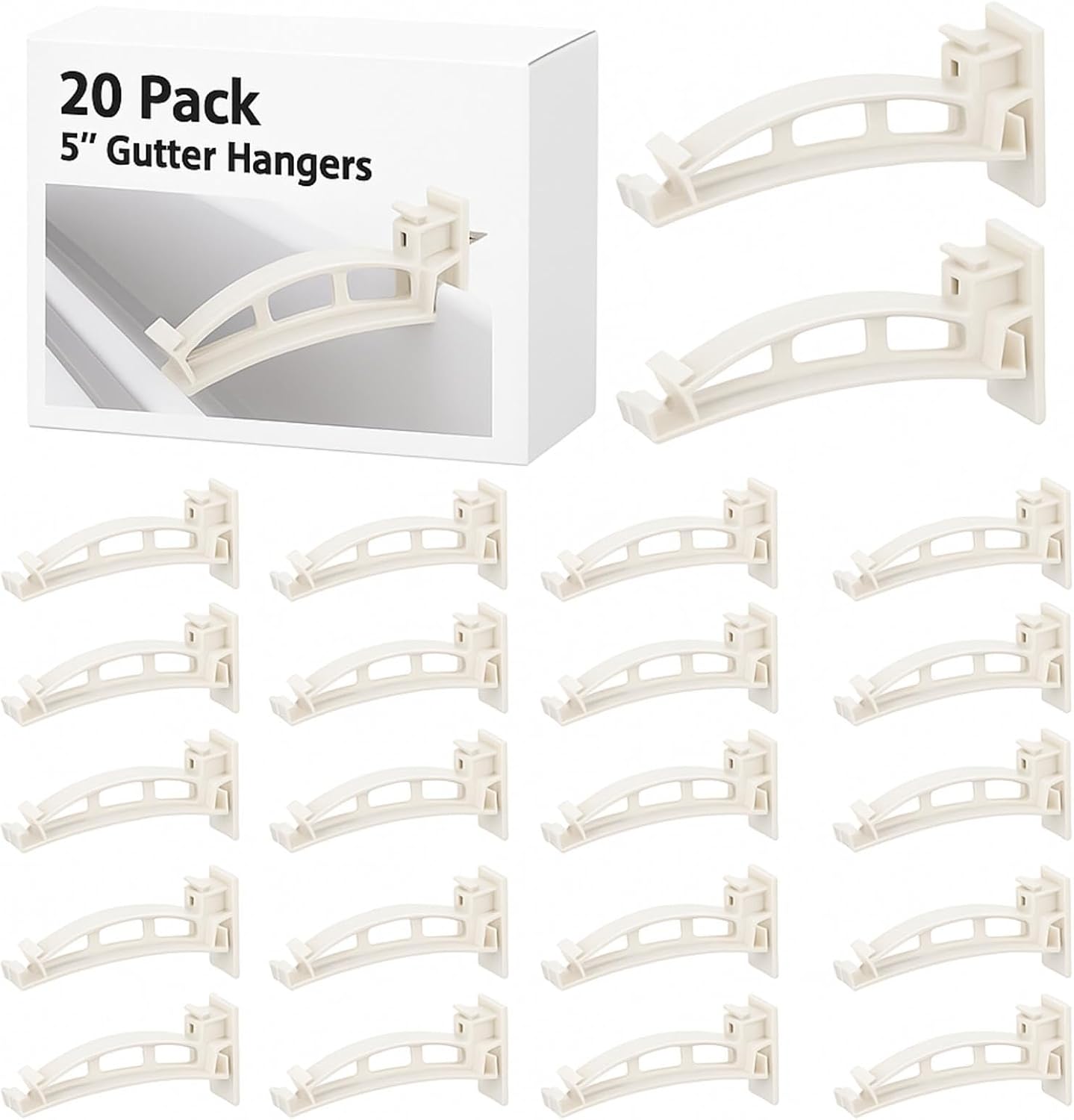 Geelin 20-Pack 5" K-Style Hidden Gutter Hangers - Durable Vinyl Brackets for Sagging Roof Gutters Repair, White