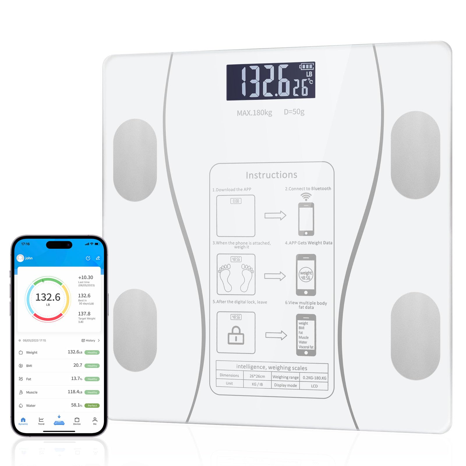 Bilancia intelligente per il grasso corporeo con display a LED, bilancia digitale da bagno con Bluetooth, misurazione accurata della composizione corporea, massa muscolare, BMI e analisi dell'acqua