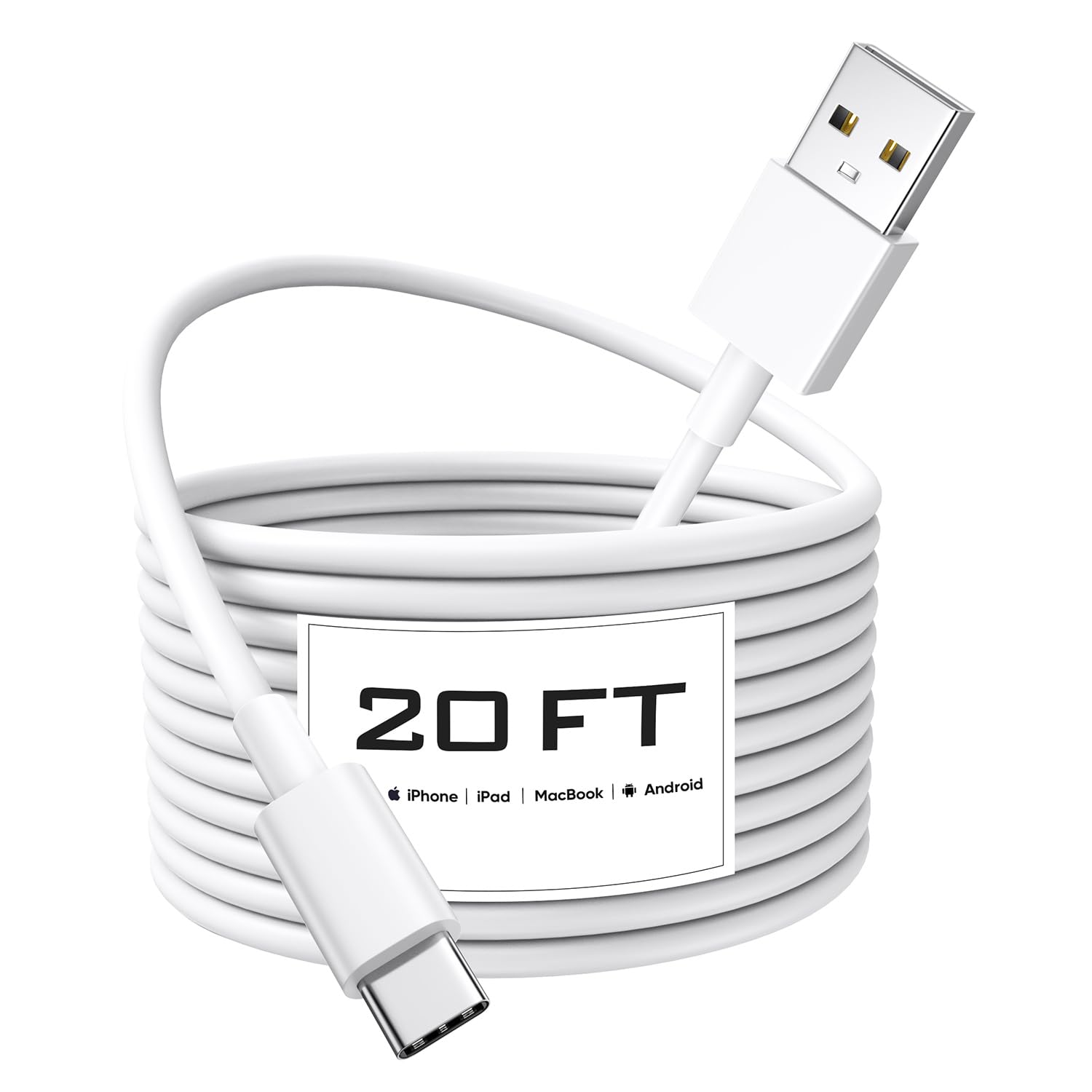Long USB C Cable 20Ft, White Premium TPE USB A to Type C Cable Charger Cord Fast Charging for iPhone 16 15 Series Samsung Galaxy, Note, LG, Moto,