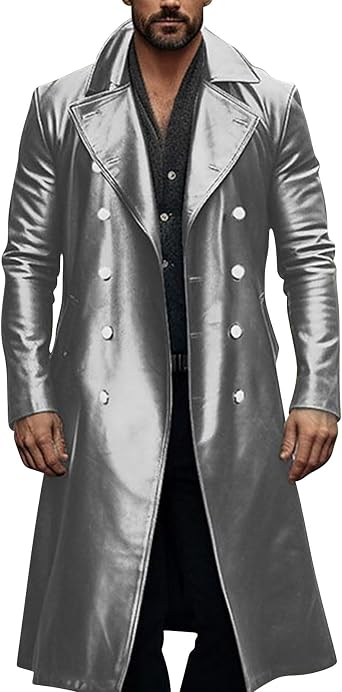 Mens Vintage Medieval PU Leather Long Trench Coats Notch Lapel Long Sleeve Double Breasted Windbreaker Jackets
