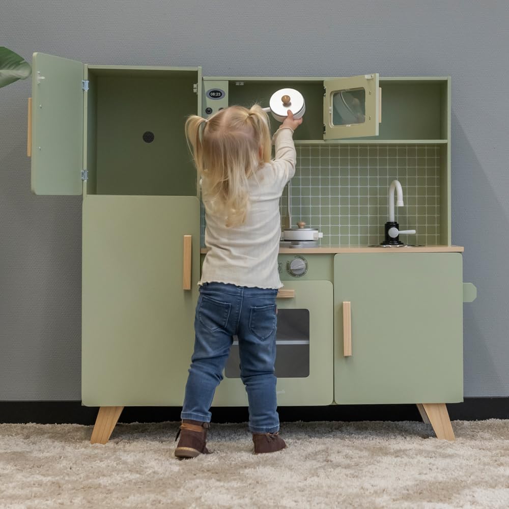 Bandits & Angels Holz-Kinderküche XL Modern Green ab 3 Jahren – Thekenhöhe 52 cm – Inkl. 5 Zubehörteile - Für Jungen und Mädchen - Kinderküche - Spielzeugküche - Grüne Spielküche
