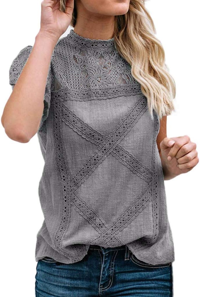 vermersWomens Sexy Lace Patchwork Flare Ruffles Short Sleeve T Shirts Blouse Fashion Summer Cute Floral Shirts Tops(M, Gray#)
