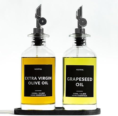 Botella dispensadora de aceite de oliva con bandeja de bambú, dispensador de aceite y vinagre con vertedor pesado, dispensador de jarabe de café,