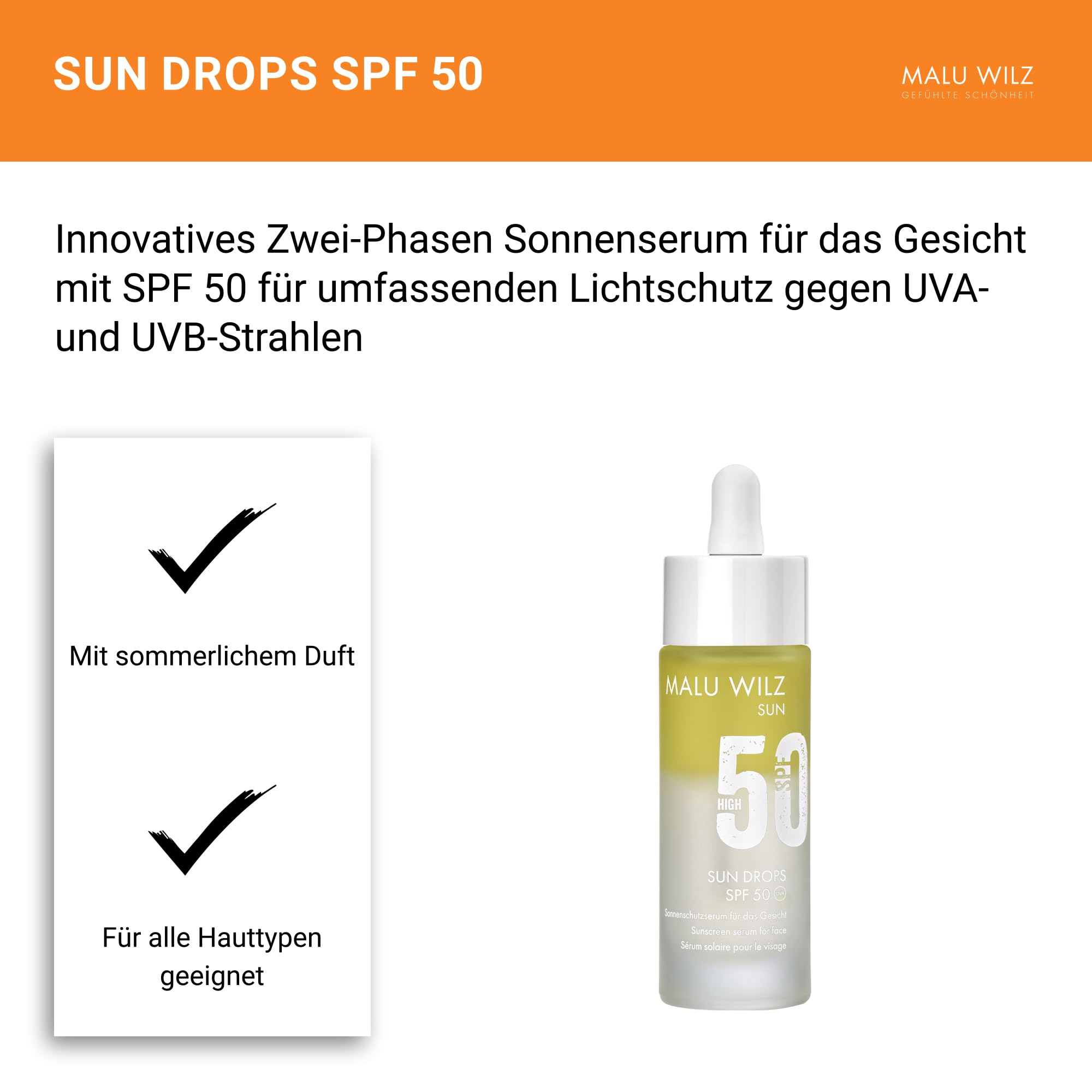 Malu Wilz Sun Drops SPF 50 30ml I Lotion für effektiven Sonnenschutz I Mit Vitamin E und Olivenöl als pflegende Wirkstoffe I Wasser- und schweißfest I Vegan