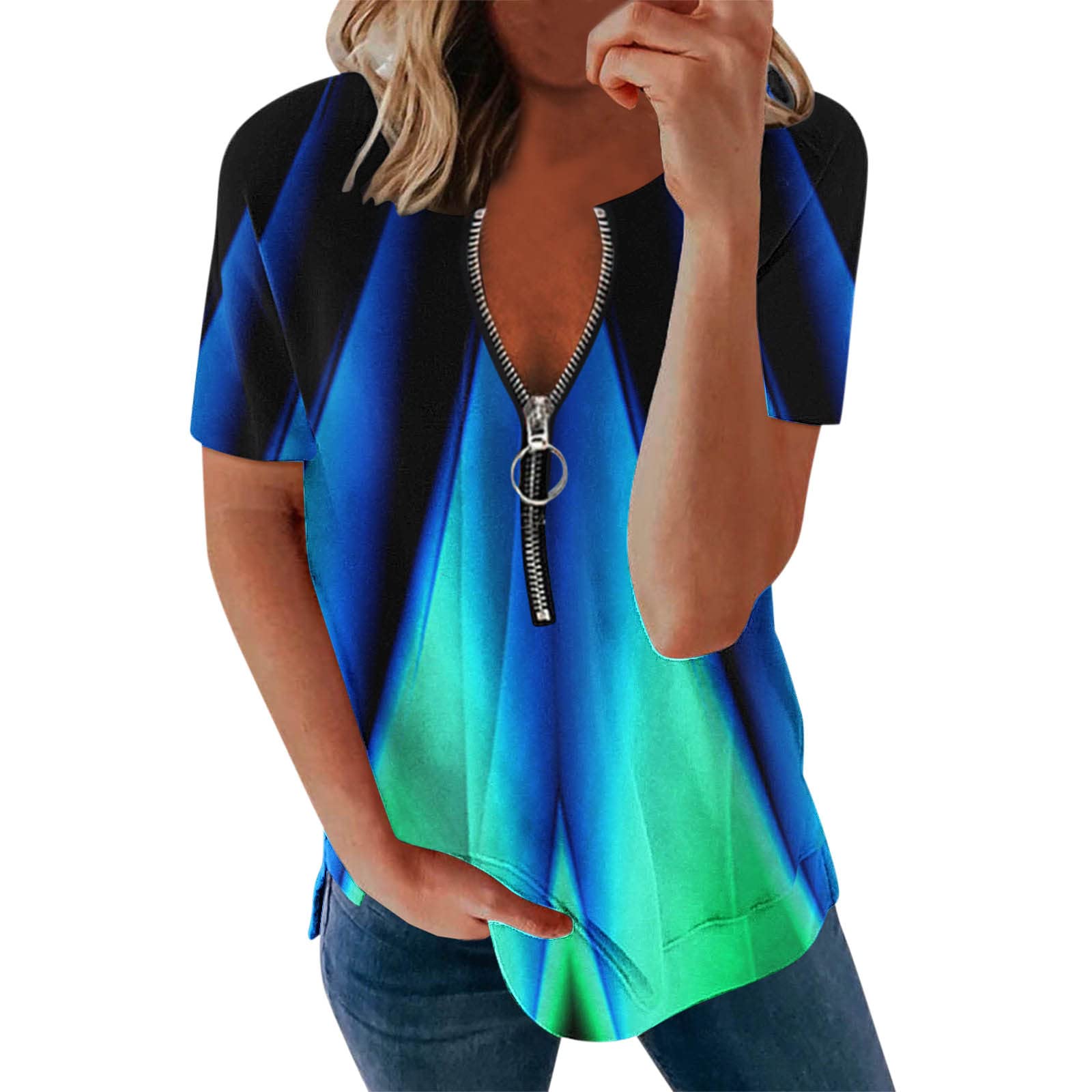 Womens Blouses Casual Long Sleeve V Neck 1/4 Zipper Loose Fit Sweatshirts Striped Side Split Pullovers Shirts Tops